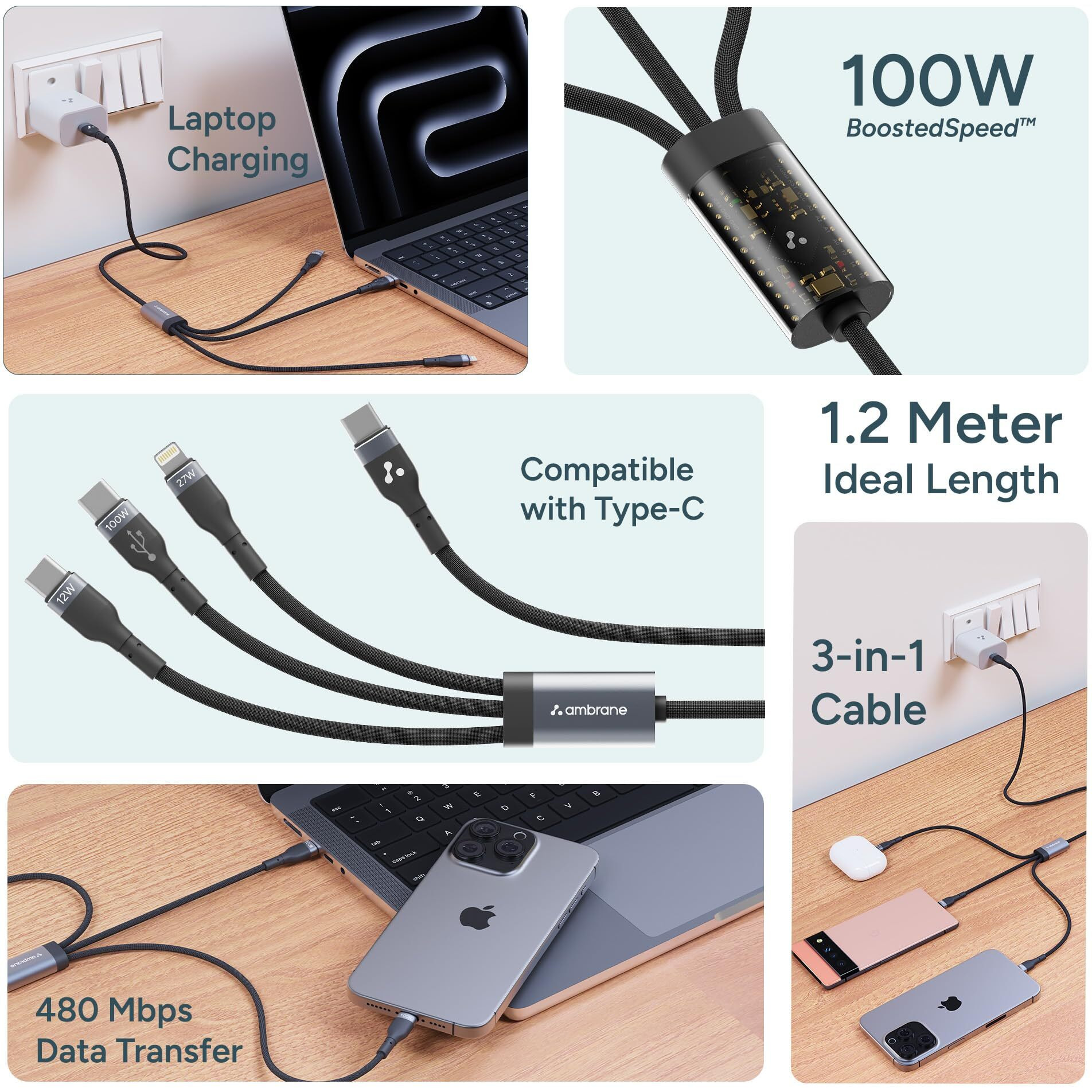 AMBRANE 3 in 1 100W Fast Charging Cable, 3Amp Multi Charger Cable for Micro USB, iOS and Type-C Devices, 480 Mbps Data Transfer Rate for Mobile Tablet PC Laptop Android Smartphone with 1.2meter cable