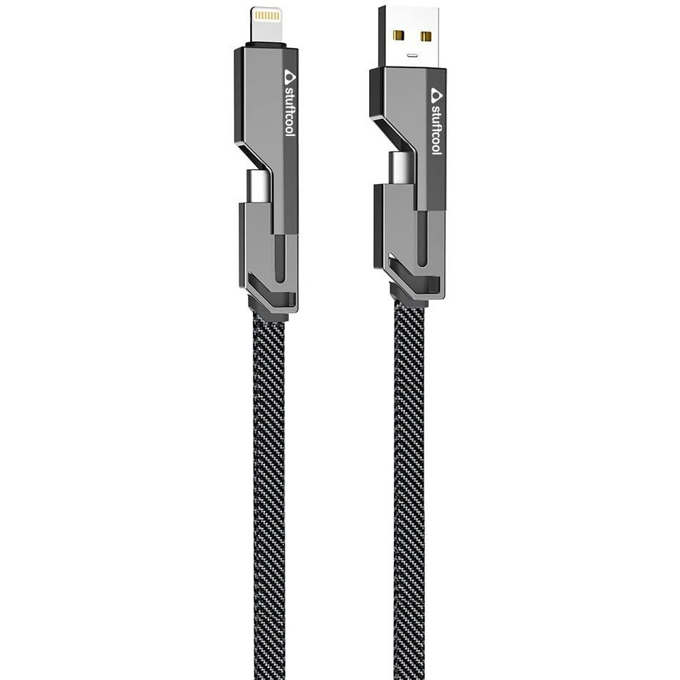 Stuffcool Quad Pro 4 in 1 Metal Flat Braided Indestructible Cable 1.5m 60W with lightning to type C, type C to C, Lighting to type A compatible for iPhones, iPads, Macbooks, Type C Laptops (Grey)