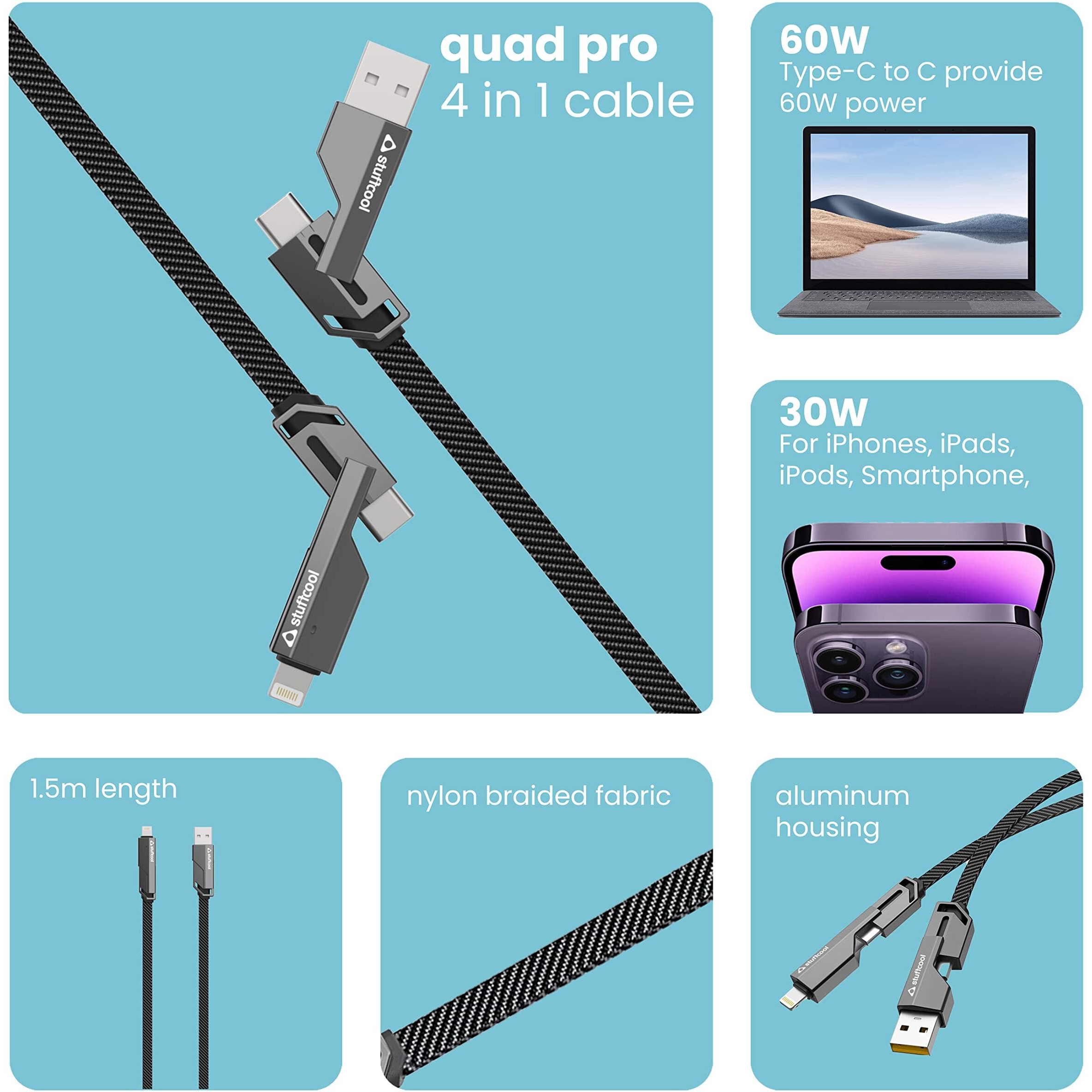 Stuffcool Quad Pro 4 in 1 Metal Flat Braided Indestructible Cable 1.5m 60W with lightning to type C, type C to C, Lighting to type A compatible for iPhones, iPads, Macbooks, Type C Laptops (Grey)