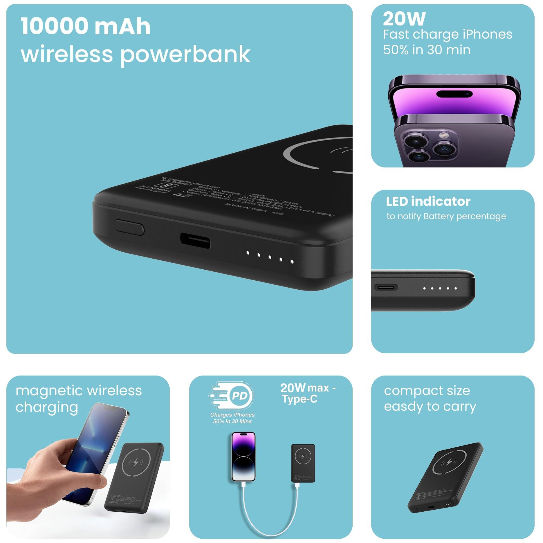 Stuffcool Alum 10000mAh Made in India Aluminium Metallic Magnetic Wireless Powerbank for iPhone 12/13/14/15 Series (Black)