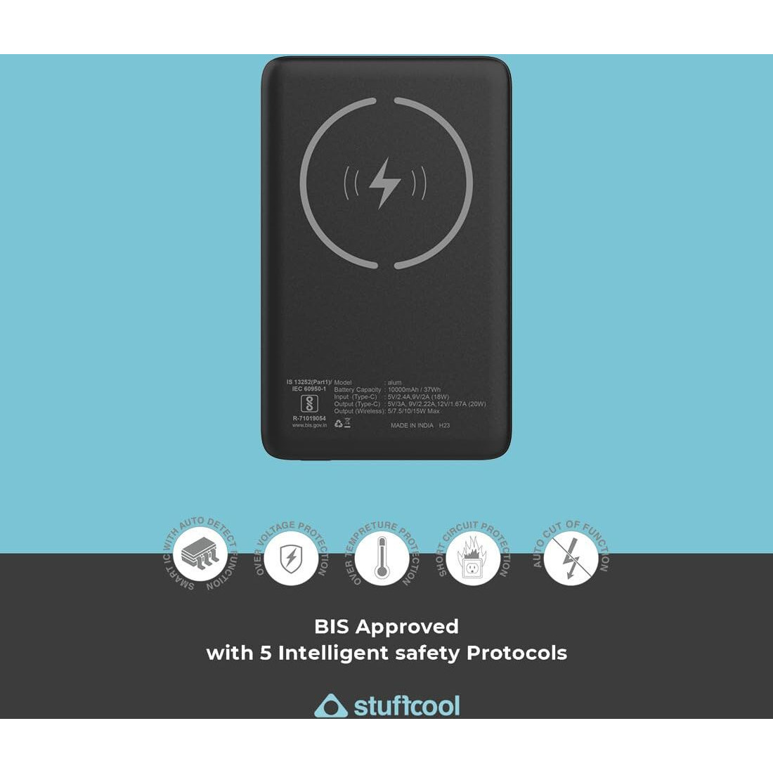 Stuffcool Alum 10000mAh Made in India Aluminium Metallic Magnetic Wireless Powerbank for iPhone 12/13/14/15 Series (Black)