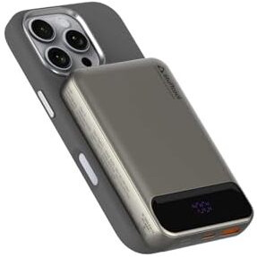 Stuffcool Click 10000mAh Slim Magnetic Wireless Powerbank Natural Titanium Finish Perfect for iPhone 16,15,14,13,12 with Led Display and 20W Fast Wired Charging - Charges iPhone 50% in 30 mins