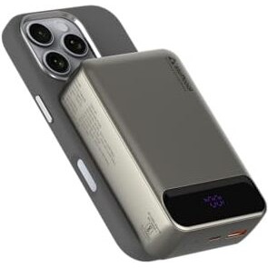 Stuffcool Click 20000mAh Magnetic Wireless Powerbank Natural Titanium Finish Perfect for iPhone 16,15,14,13,12 with Led Display and 20W Fast Wired Charging - Charges iPhone 50% in 30 mins