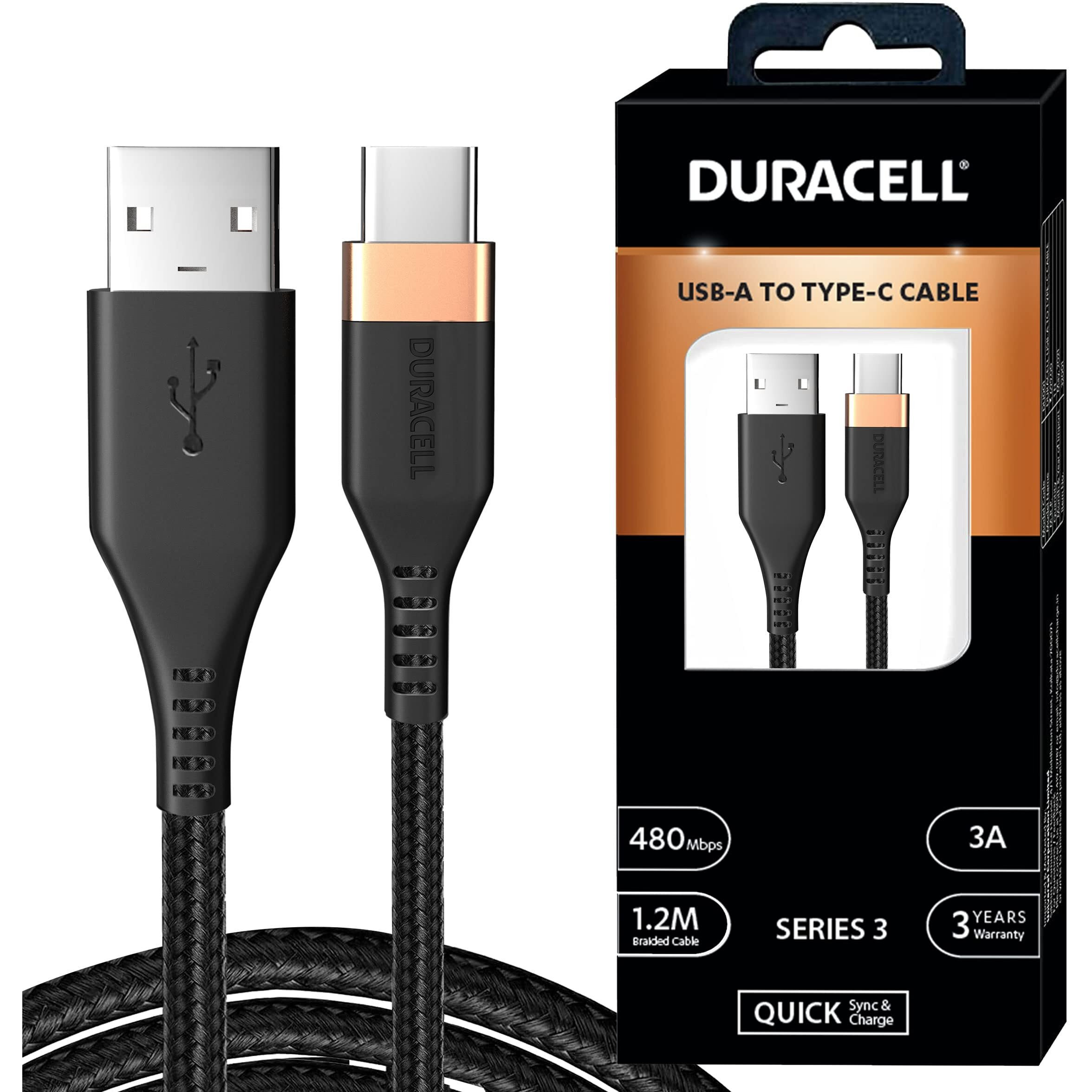 Duracell Usb-A To Type C, 65W Braided Sync & Fast Charging Cable, 3.9 Feet (1.2M), Qc 2.0/3.0 Ultra Fast Charging, For Samsung, Mi, Realme, Oppo, One Plus, Seamless Data Transmission, Series 3, Black