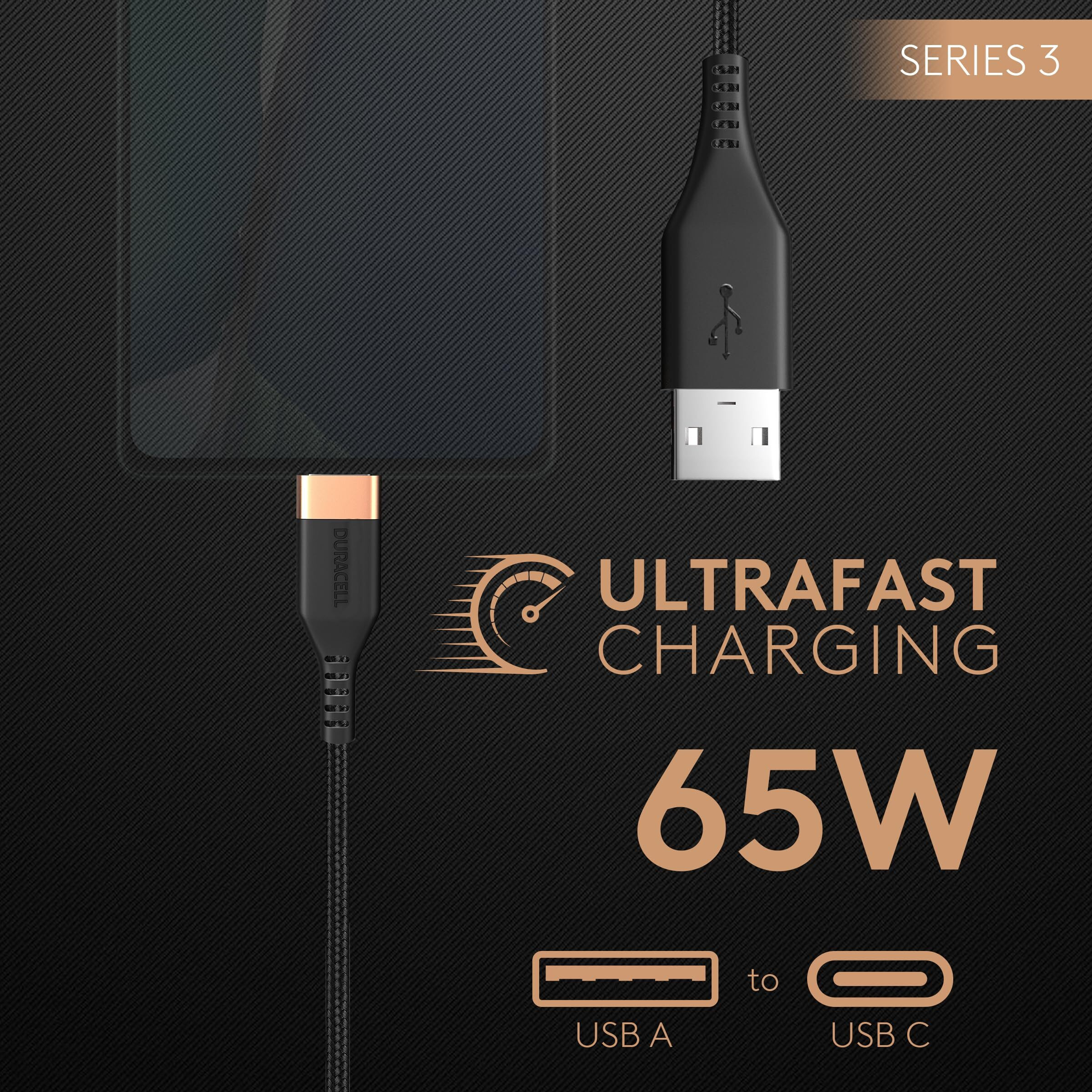 Duracell Usb-A To Type C, 65W Braided Sync & Fast Charging Cable, 3.9 Feet (1.2M), Qc 2.0/3.0 Ultra Fast Charging, For Samsung, Mi, Realme, Oppo, One Plus, Seamless Data Transmission, Series 3, Black
