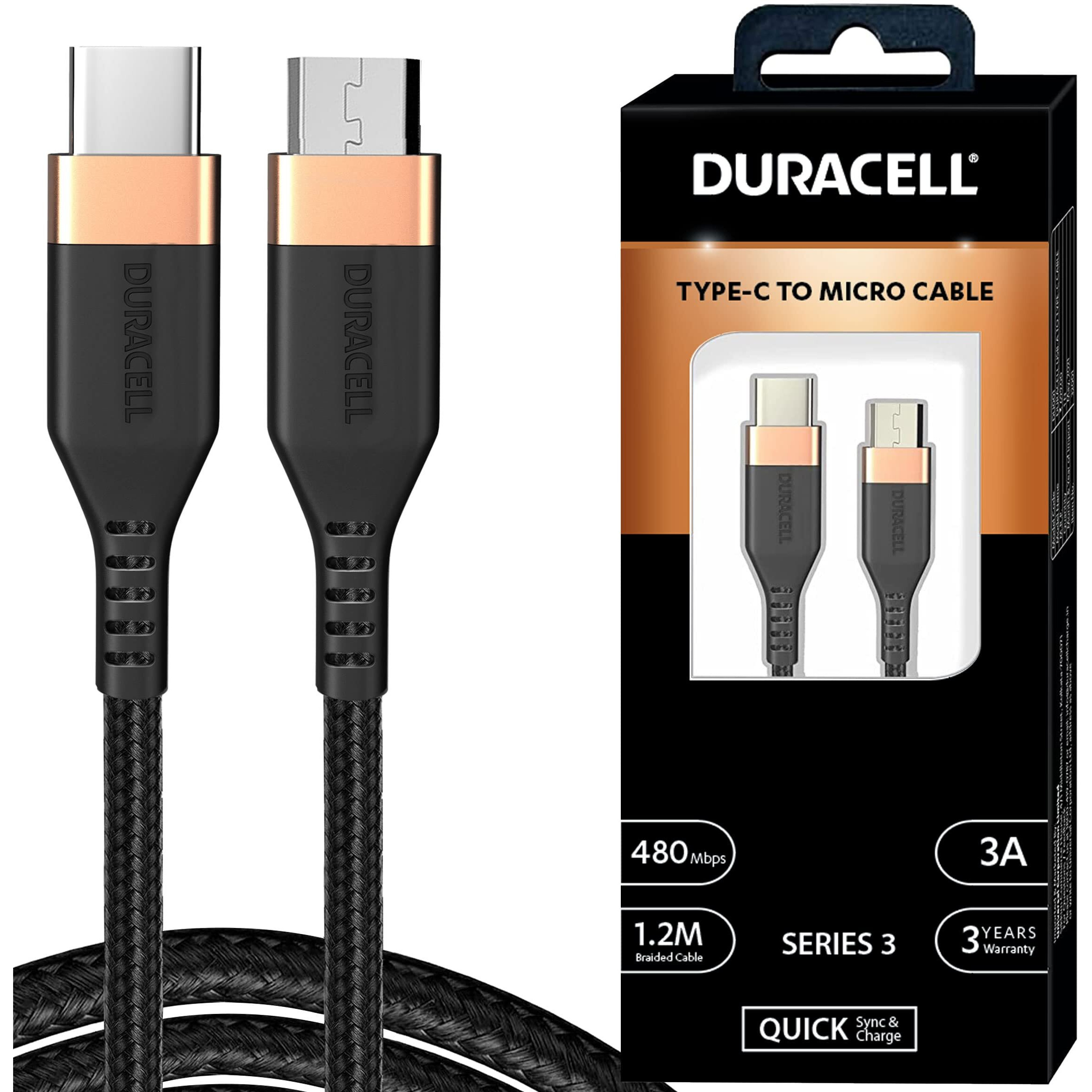 Duracell Type-C To Micro 1.2M braided Sync & Charge Cable, USB C to Micro Fast Charge Compatible for fast data transmission (Black)