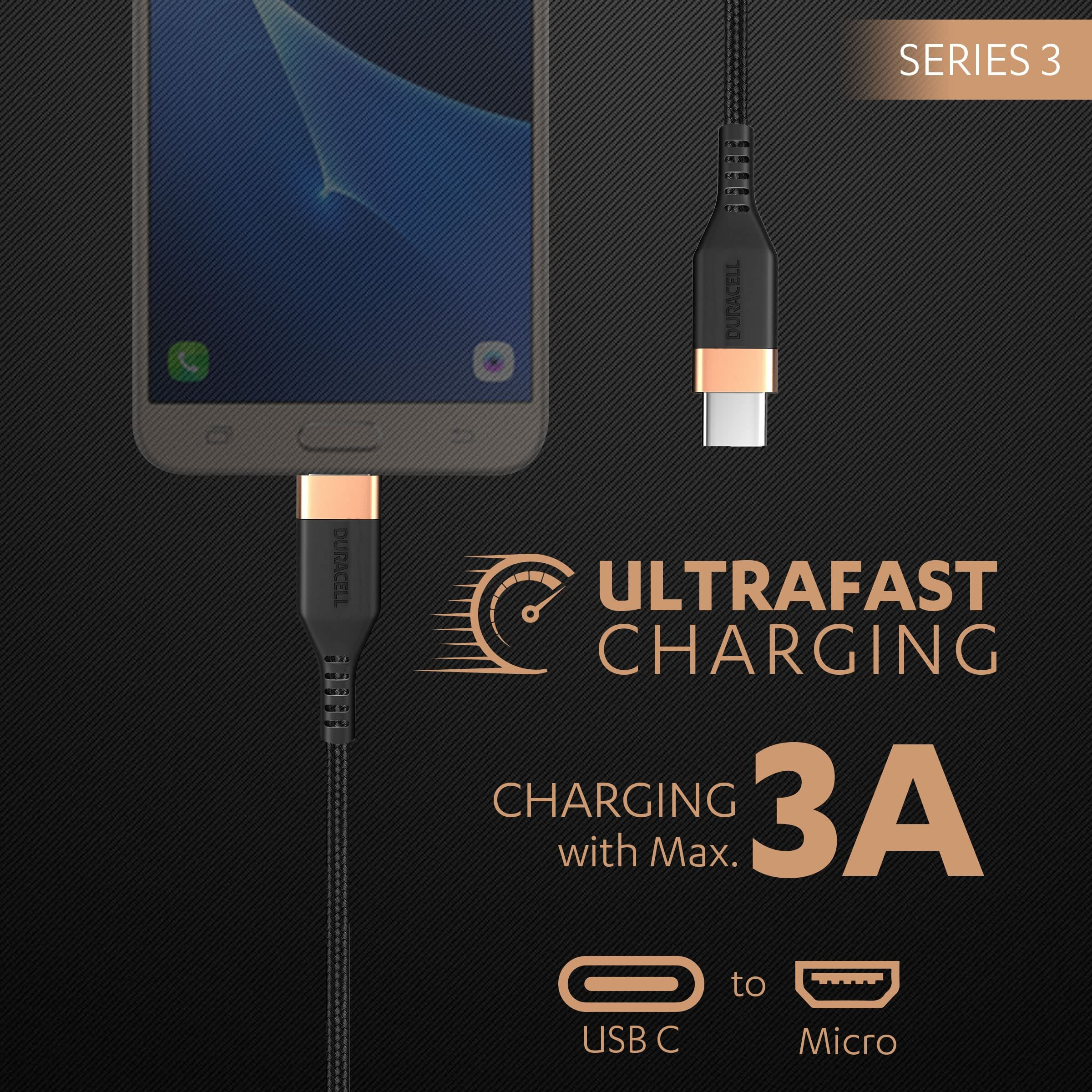 Duracell Type-C To Micro 1.2M braided Sync & Charge Cable, USB C to Micro Fast Charge Compatible for fast data transmission (Black)