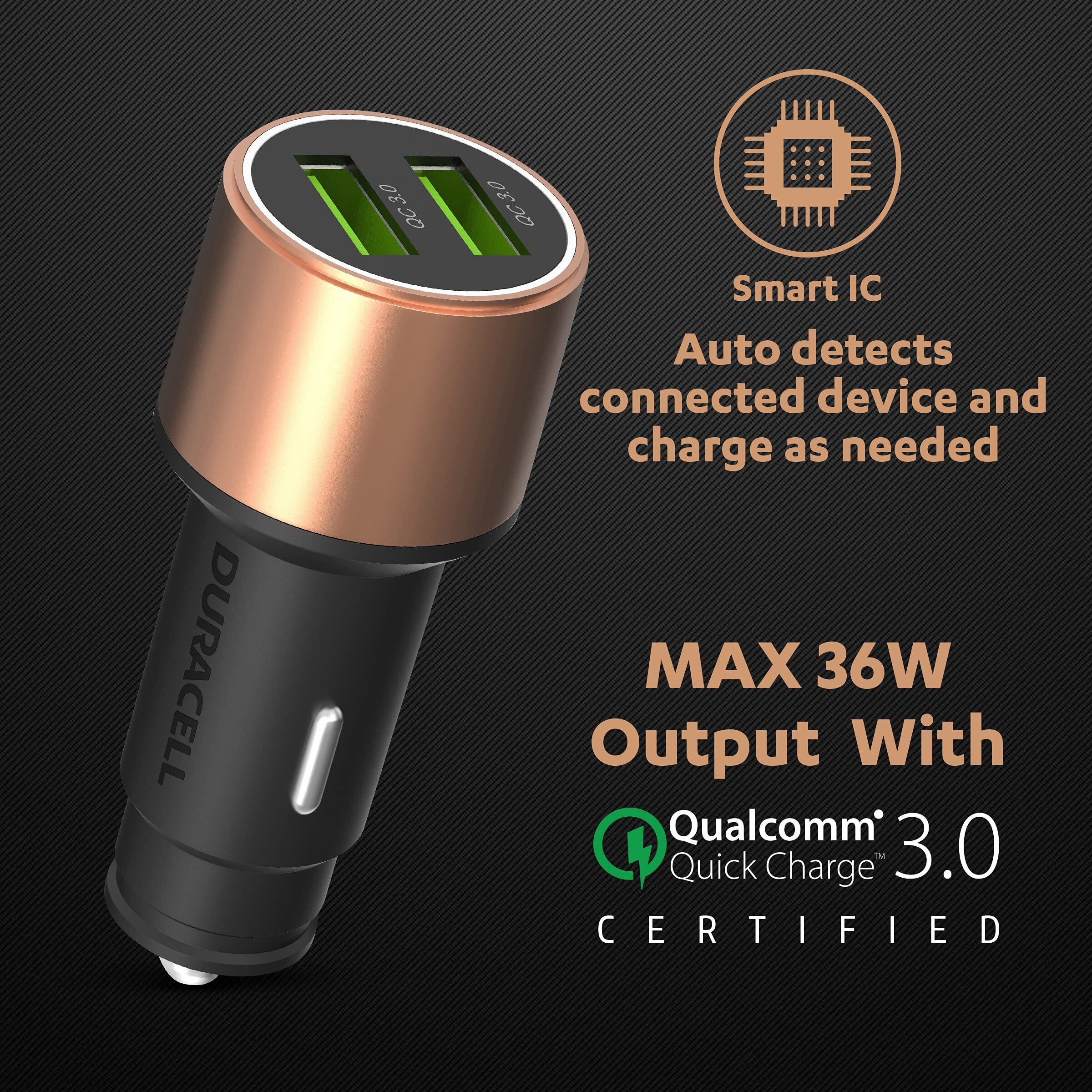 Duracell 36W Fast Car Charger Adapter with Dual USB Port. Qualcomm Certified 3.0, Quick Charge. Compatible with iPhone, All Smartphones, Tablets & More - Copper & Black