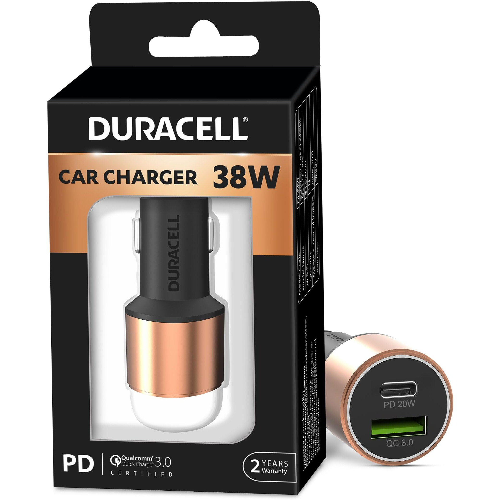Duracell 38W Fast Car Charger Adapter with Dual Output. Quick Charge, Type C PD 20W & Qualcomm Certified 3.0 Compatible for iPhone, All Smartphones, Tablets & More (Copper & Black)