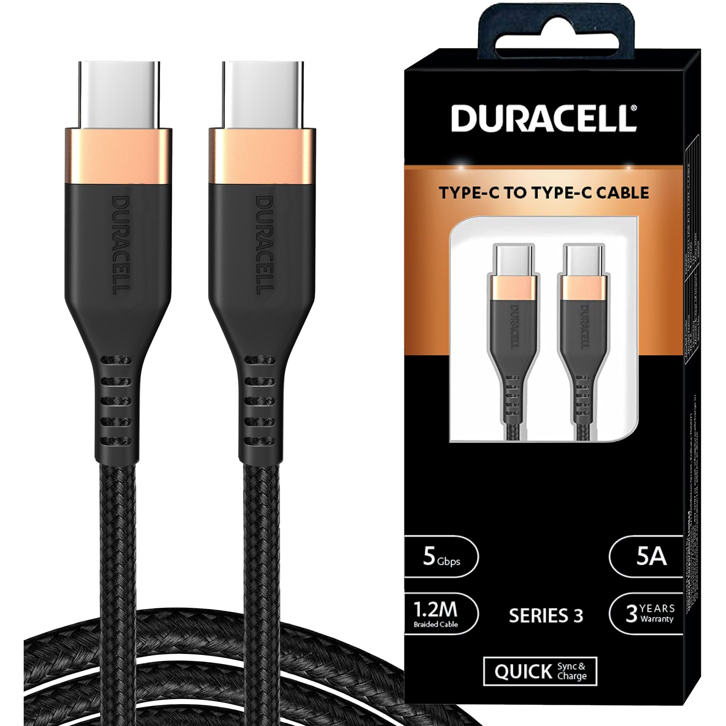 Duracell Usb Type C To Type C 5A(100W) Braided Sync& Charging Cable,Compatible With Mobile,Laptop,Tablets&Macbook,3.9 Feet(1.2M) Supports Pd&Qc 3.0 Charging,5 Gbps Data Transmission,Black