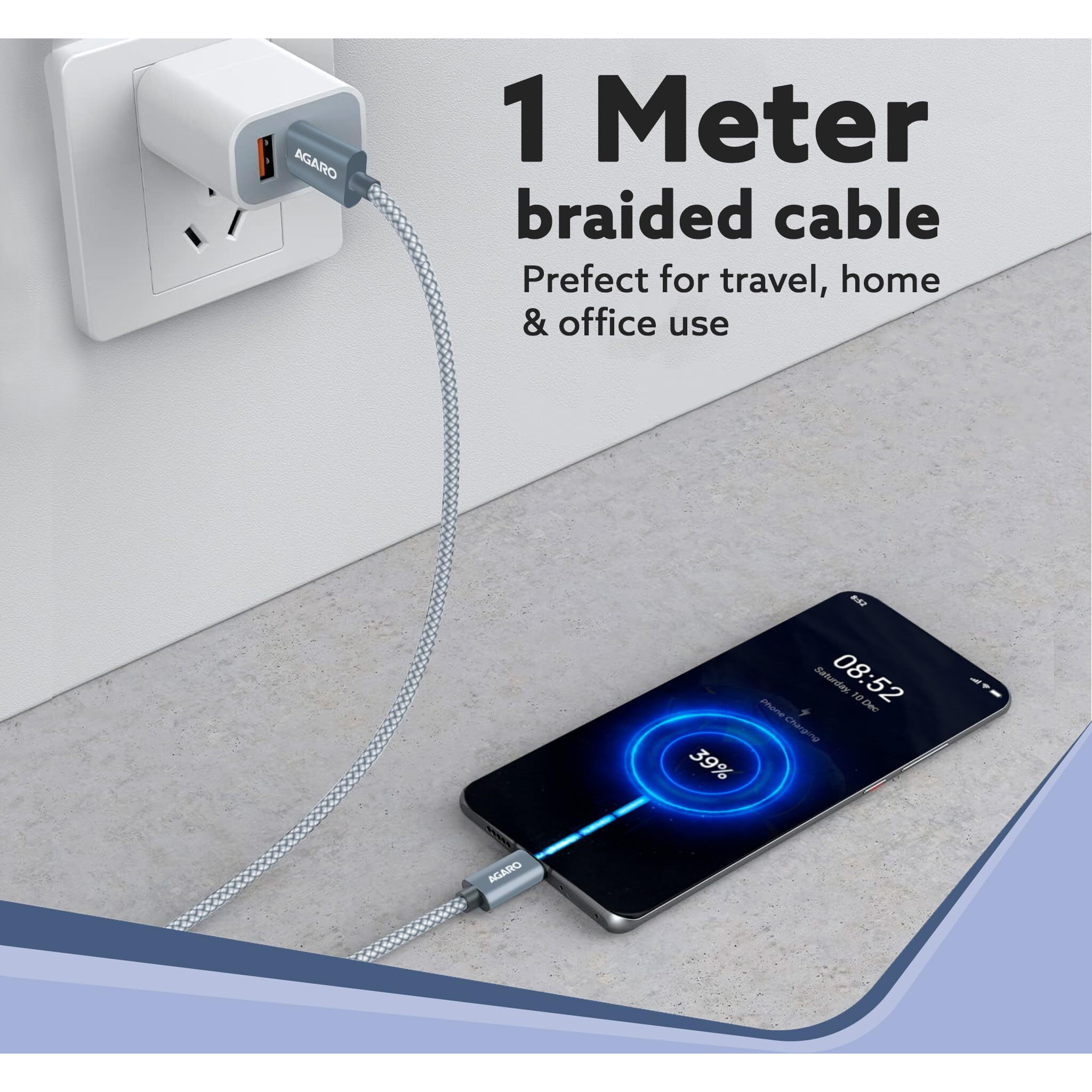 AGARO Type C to Type C Fast Charging Cable compatible with Android devices, iPhone15, Power Bank, 4A, 60W, Supports PD, 480 Mbps Data Transmission, Braided, 1 Meter, Black