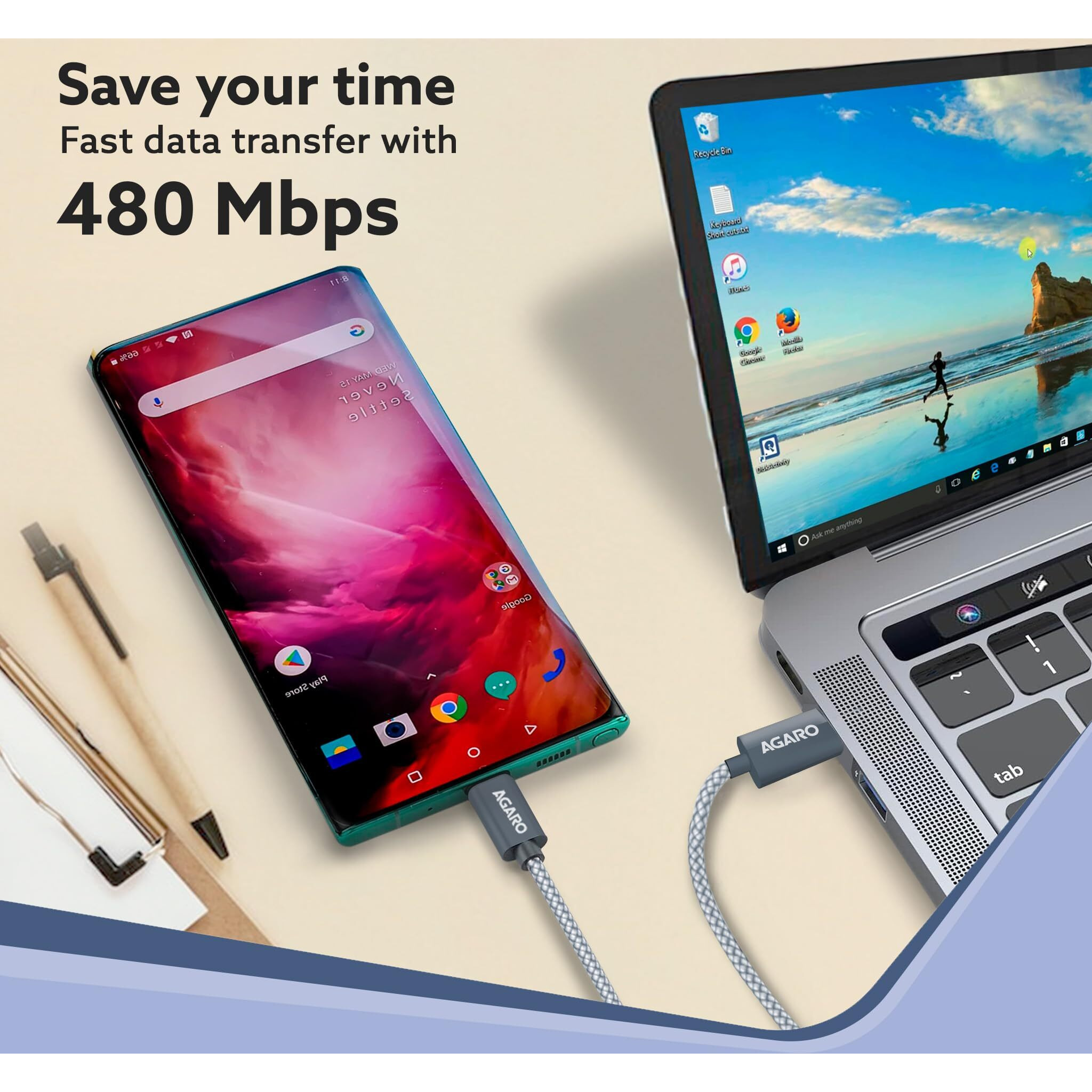 AGARO Type C to Type C Fast Charging Cable compatible with Android devices, iPhone15, Power Bank, 4A, 60W, Supports PD, 480 Mbps Data Transmission, Braided, 1 Meter, Black