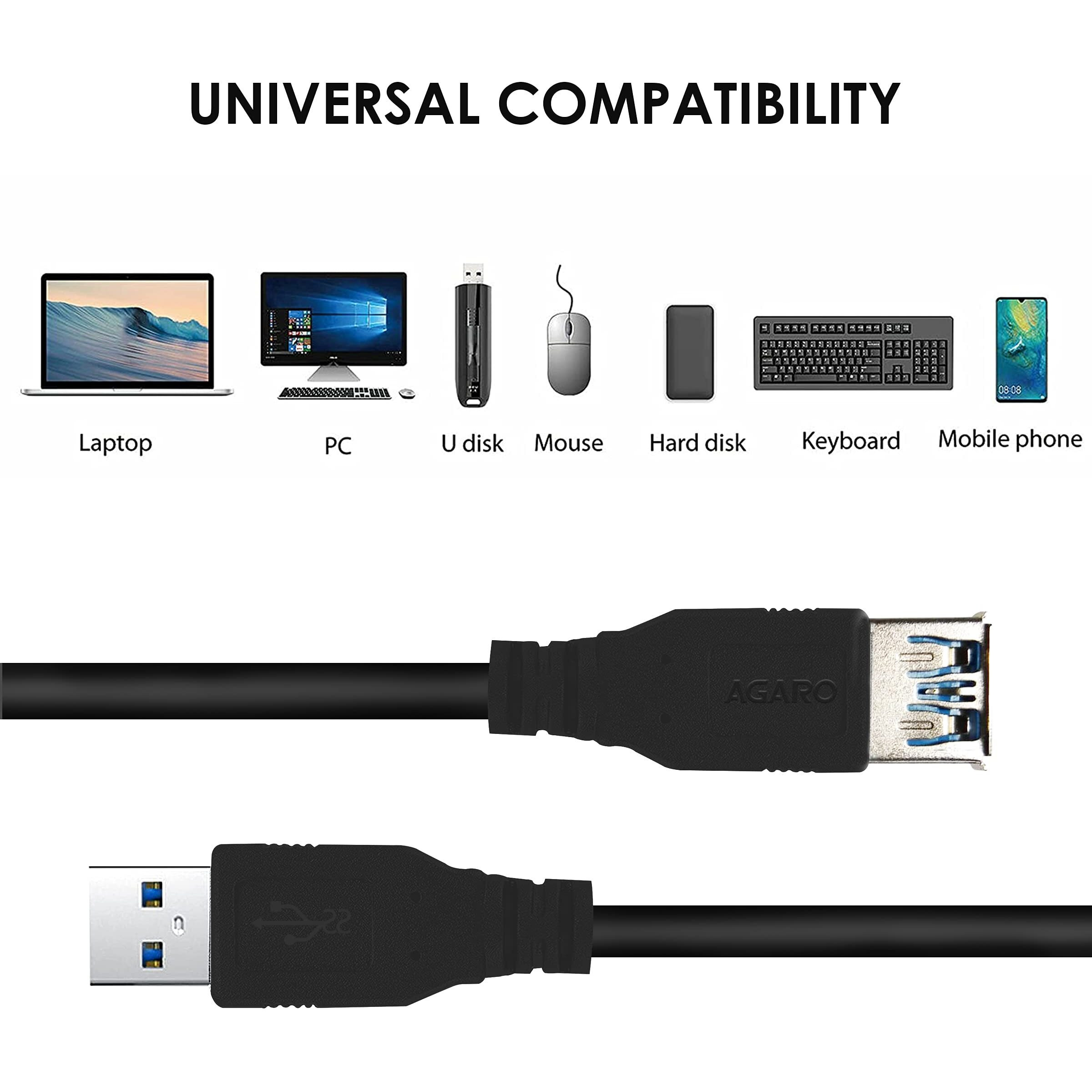 AGARO USB Extender, USB 3.0 Extension Cable Male to Female USB Cable High-Speed 5GBps Data Transfer Compatible with Webcam, Gamepad, Keyboard, Mouse, Hard Drive, Xbox, Laptop/PC/Mac/Printer, 1 Meter