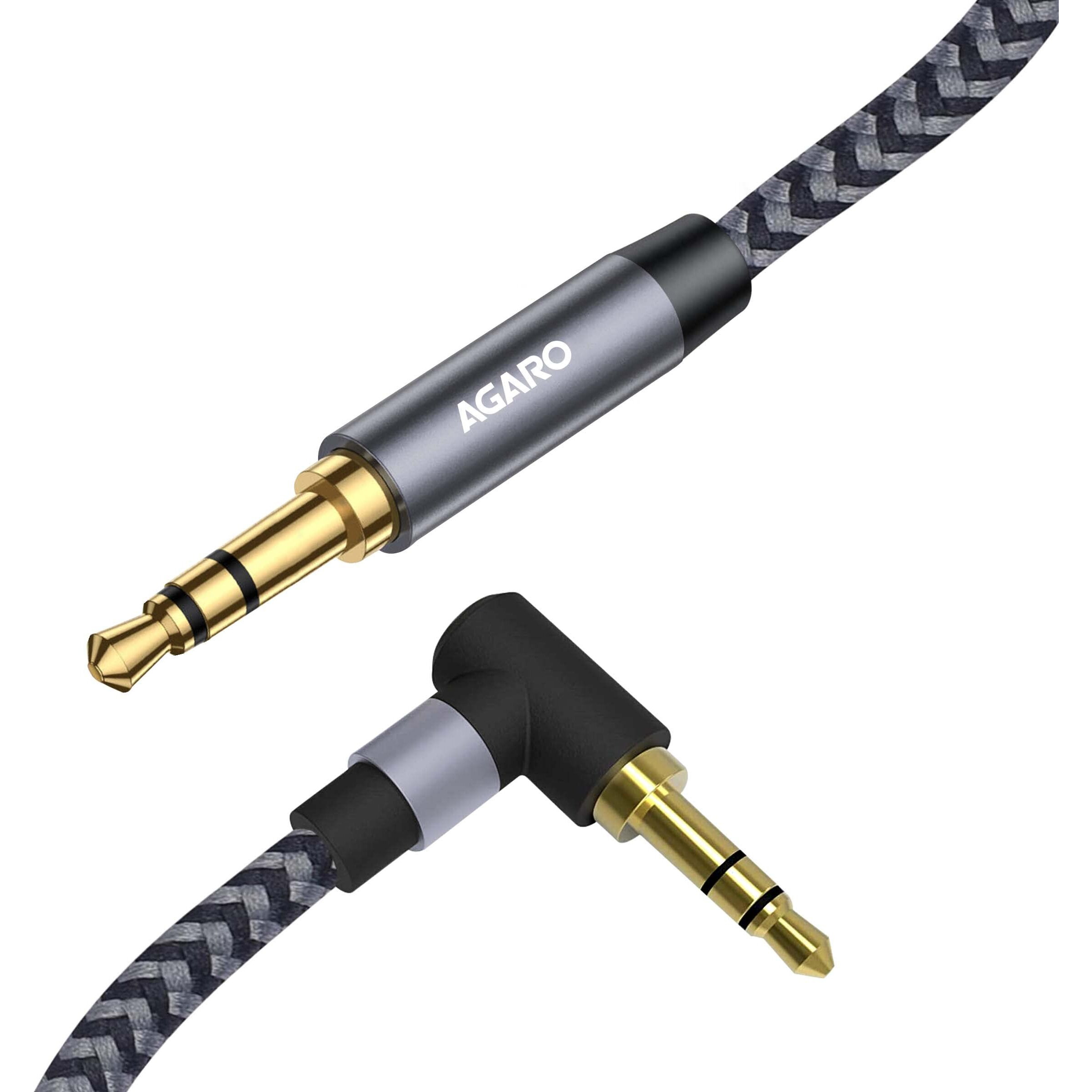 AGARO 3.5mm Audio Cable Stereo Aux 90 Degree Right Angle Aux Cable 24K Gold Plated Male to Male Hi-Fi Sound for Car, Home Stereos, Speakers & More 1M/ 100CM/ 3.2 Ft, Silver & Black, (33664)