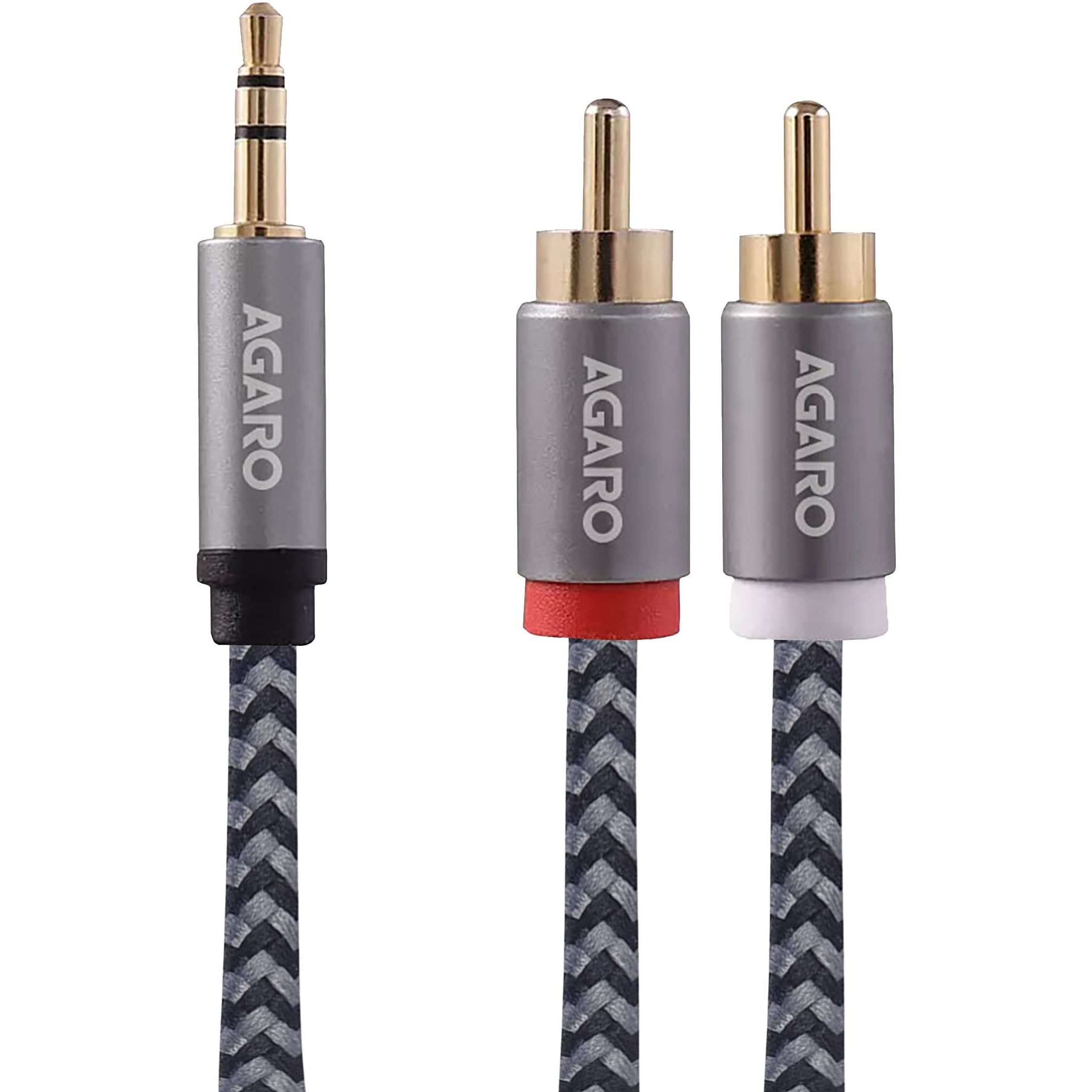 AGARO RCA Cable, 3.5 mm to 2 RCA Male Cable Audio Adapter, Stereo Audio Cable, 3.5 mm AUX to RCA Y Splitter Cable Male for Smartphone, Tablet, Speaker, MP3, TV, PC, Amplifiers, Metal Shell, 1M, grey