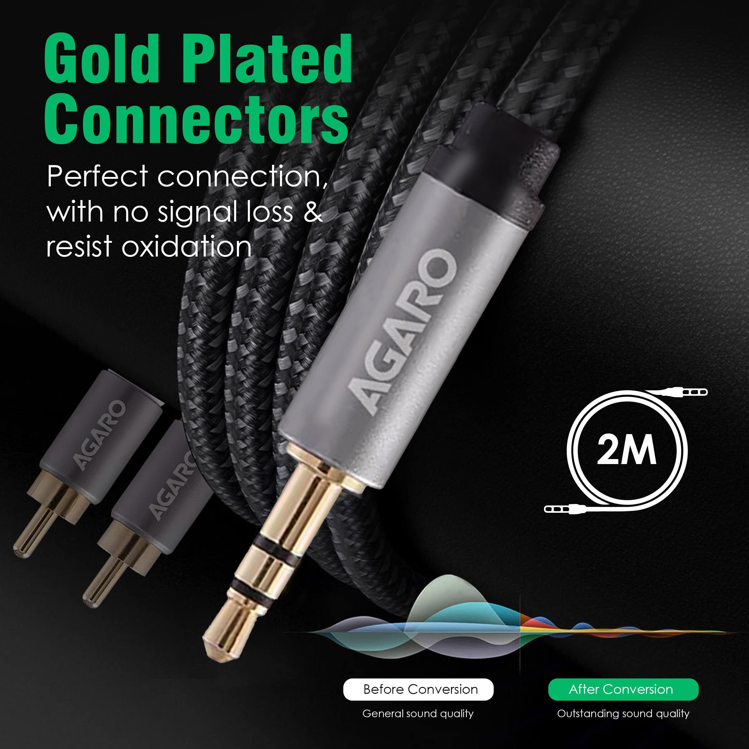 AGARO RCA Cable, 3.5 mm to 2 RCA Male Cable Audio Adapter, Stereo Audio Cable, 3.5 mm AUX to RCA Y Splitter Cable Male for Smartphone, Tablet, Speaker, MP3, TV, PC, Amplifiers, Metal Shell, 2M, grey