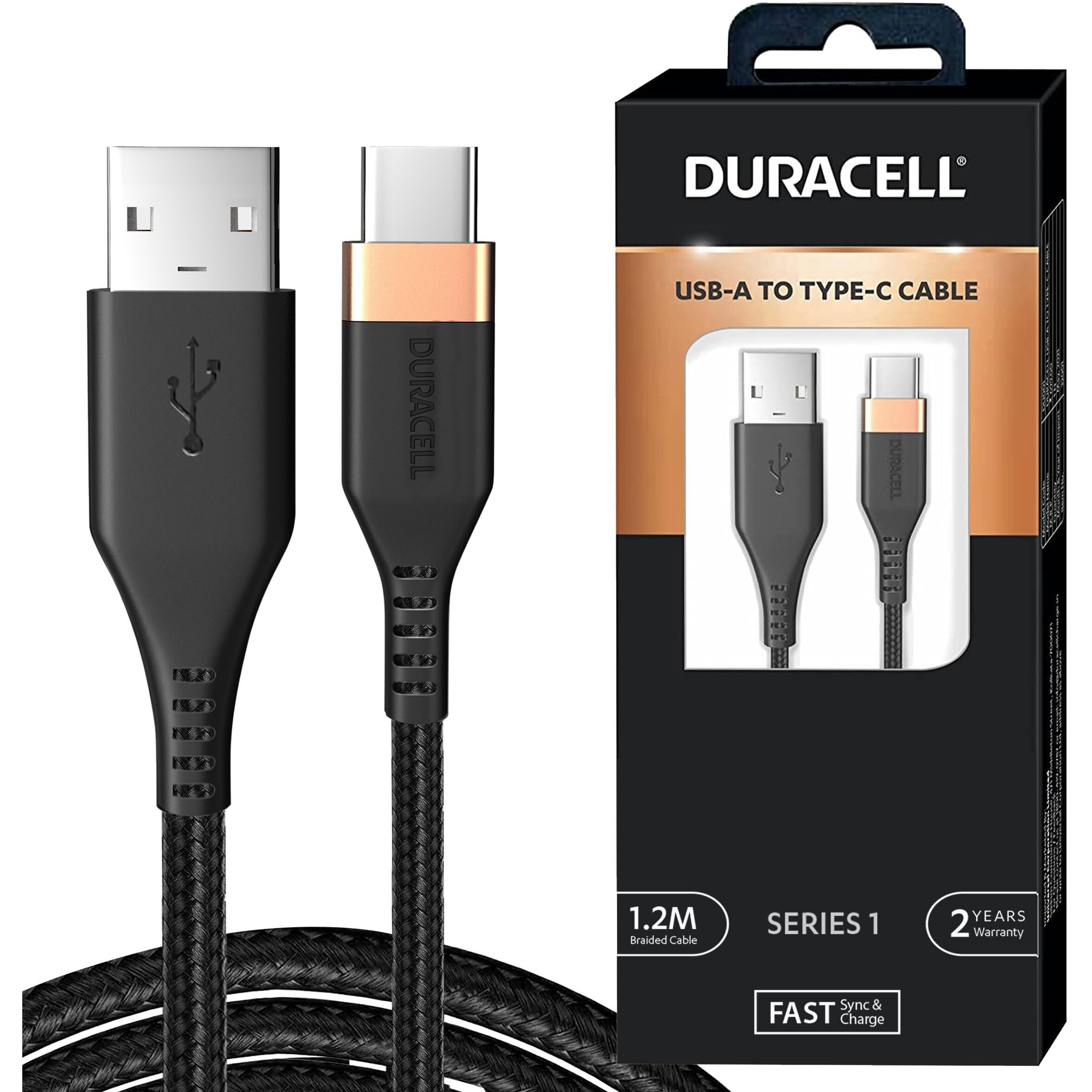 Duracell Usb-A To Type C, 65W Braided Sync&Fast Charging Cable, 3.9 Feet(1.2M), Qc 2.0/3.0 Ultra Fast Charging, For Samsung, Mi, Realme, Oppo, One Plus, Seamless Data Transmission, Series 1,Black