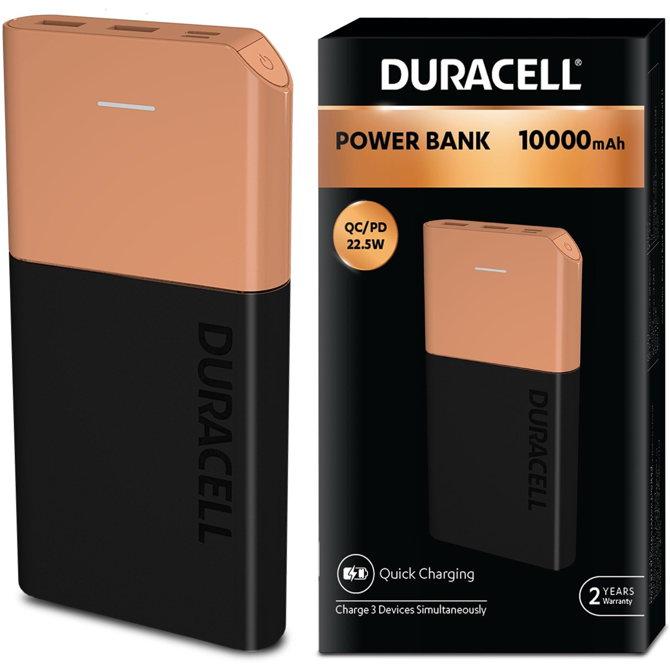 Duracell Power Bank 10000 mAh, Portable Charger, USB C/Micro USB Input, USB A/USB C Output, Fast Charge Technology, 22.5W Power Delivery for Smartphones, Tablets, Headphones and USB-Powered Devices