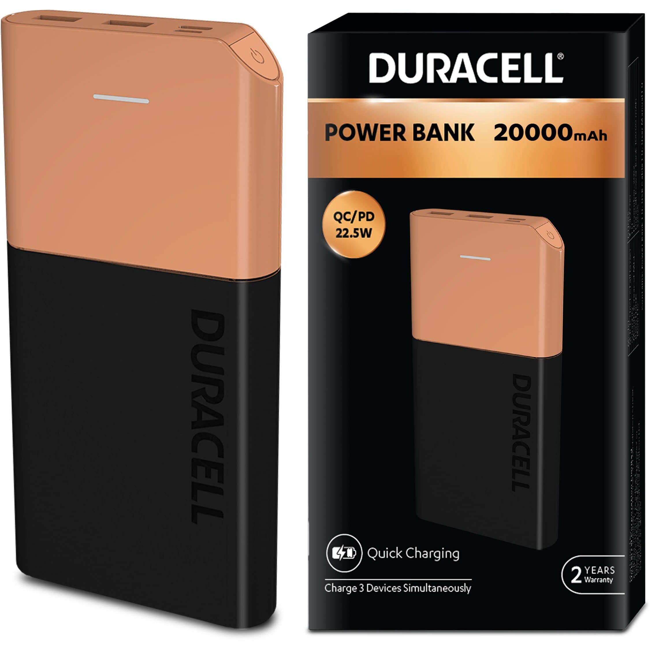 Duracell 20000 MAH Slimmest Power Bank with 1 Type C PD and 2 USB A Port, 22.5W Fast Charging Portable Charger to Charges 3 Devices Simultaneously for iPhones, Android Phones, Smart Watches & More