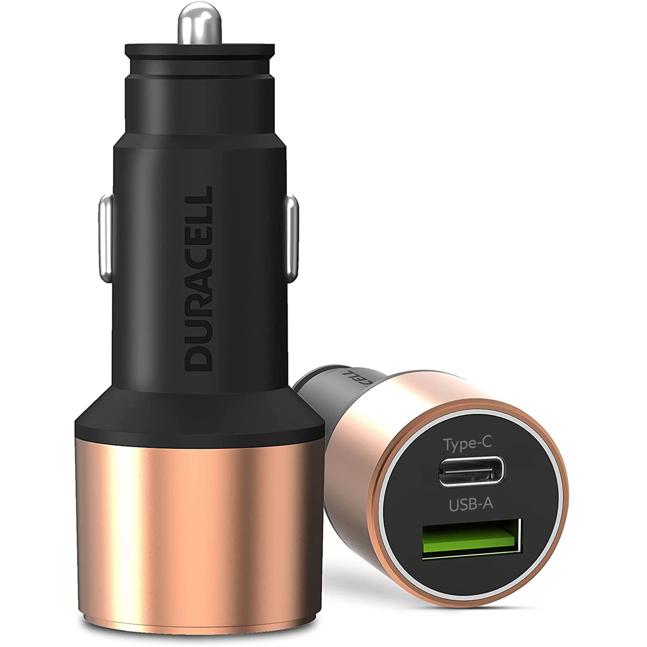 Duracell 65W Fast Car Charger Adapter with Dual Output. Quick Charge, Type C PD 45W & Qualcomm Certified 3.0 20W, Compatible for iPhone, All Smartphones, Tablets & More (Copper & Black)