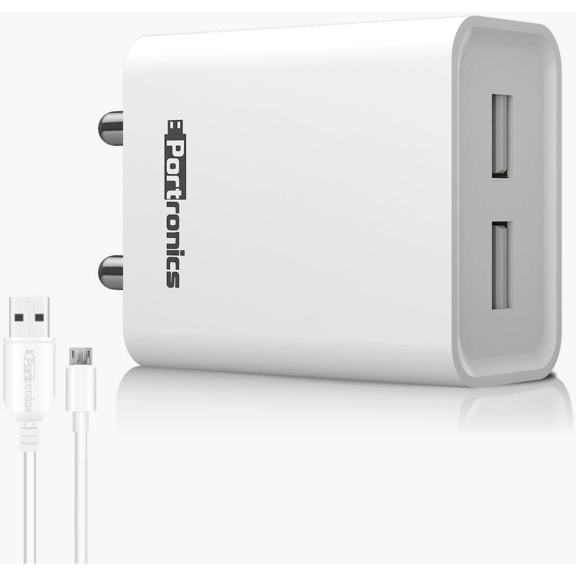 Portronics Adapto 66 2.4A 12w Dual USB Port 5V/2.4A Wall Charger,Comes with 1M Micro USB Cable, USB Wall Charger Adapter for iPhone 11/Xs/XS Max/XR/X/8/7/6/Plus(White)