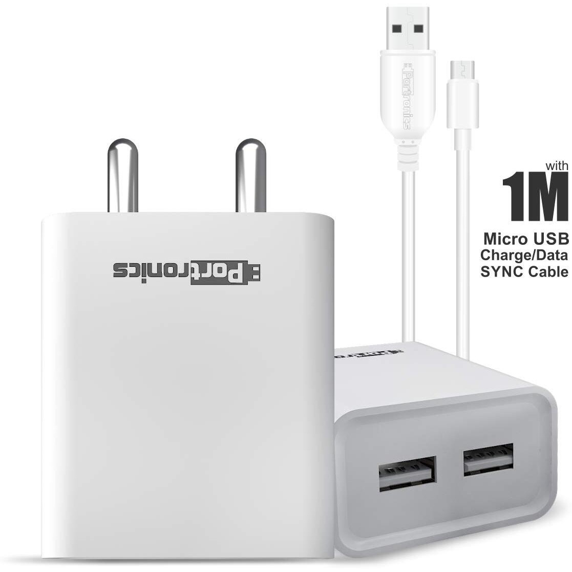 Portronics Adapto 66 2.4A 12w Dual USB Port 5V/2.4A Wall Charger,Comes with 1M Micro USB Cable, USB Wall Charger Adapter for iPhone 11/Xs/XS Max/XR/X/8/7/6/Plus(White)