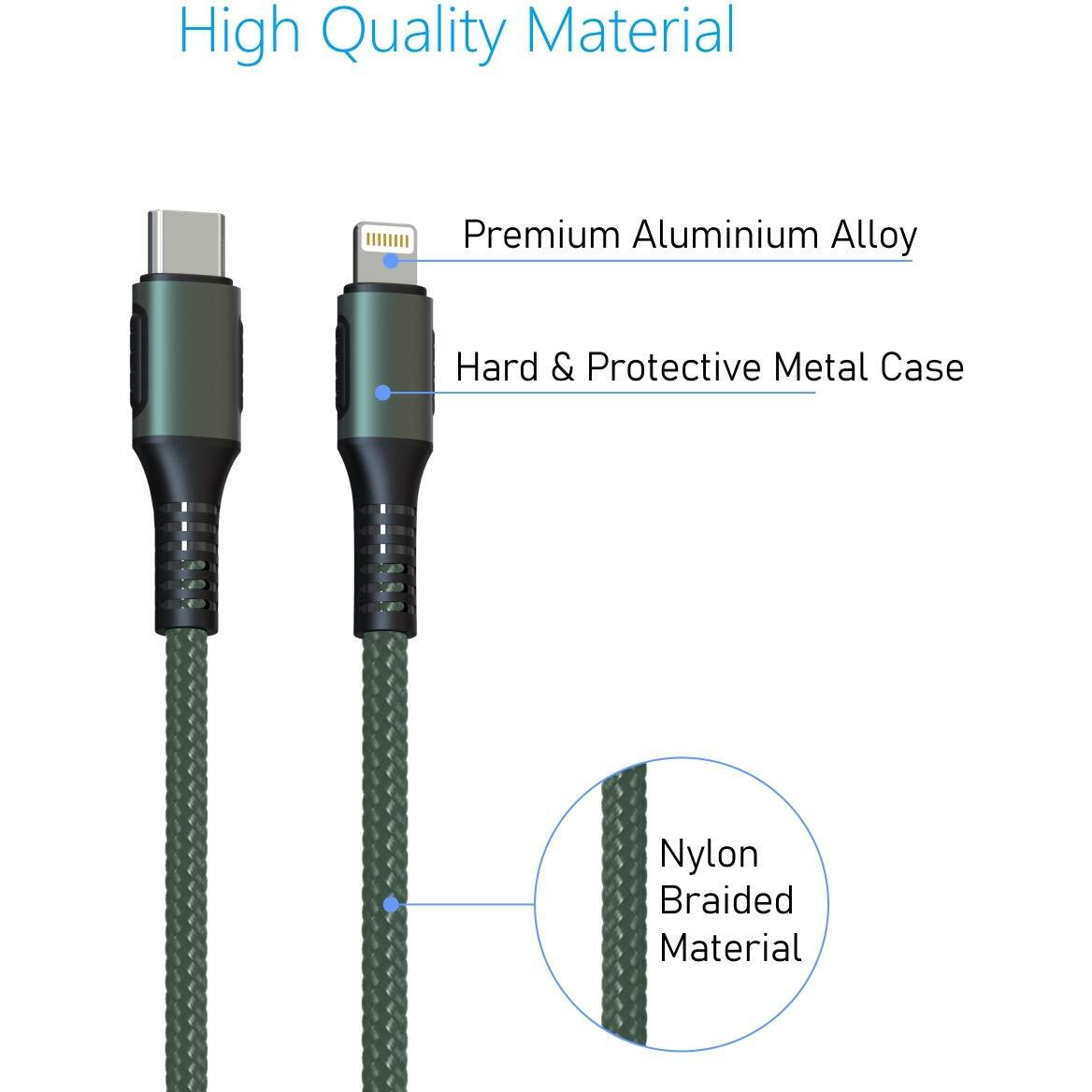 Portronics Konnect CL 20W POR-1067 Type-C to 8 Pin USB 1.2M Cable With Power Delivery & 3A Quick Charge Support, Nylon Braided For All Type-C and 8 Pin Devices, Green