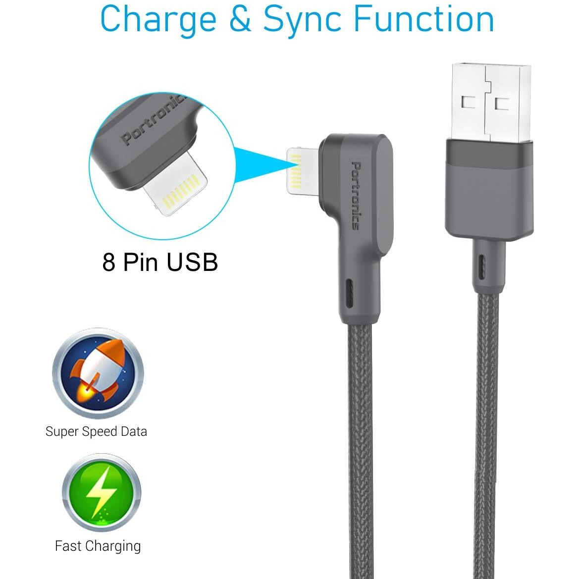 Portronics Konnect L 1.2M Fast Charging 3A 8 Pin USB Cable with Charge & Sync Function for iPhone, iPad (Grey)
