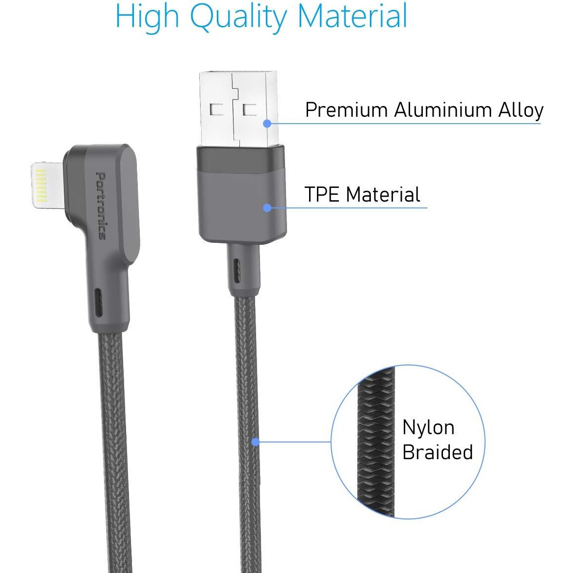 Portronics Konnect L 1.2M Fast Charging 3A 8 Pin USB Cable with Charge & Sync Function for iPhone, iPad (Grey)