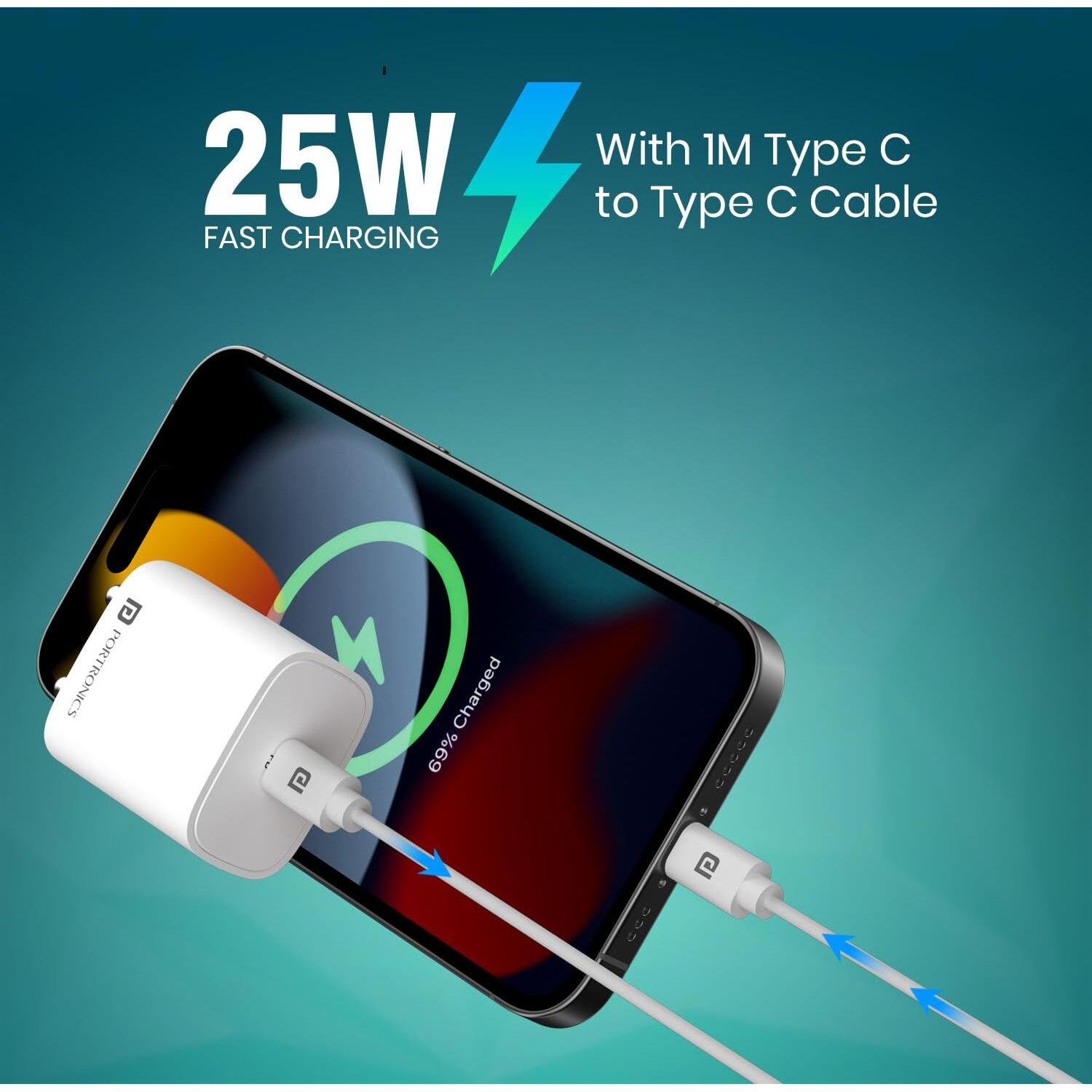 Portronics Adapto 25 Plus 25W Type C PD Superfast Slim Mobile Charging Adaptor,GaN Technology,Compatible with iPhone 16/15/14/13/12/11 Pro,Max Series, Samsung Galaxy S/A/M/F & Other Type C Devices