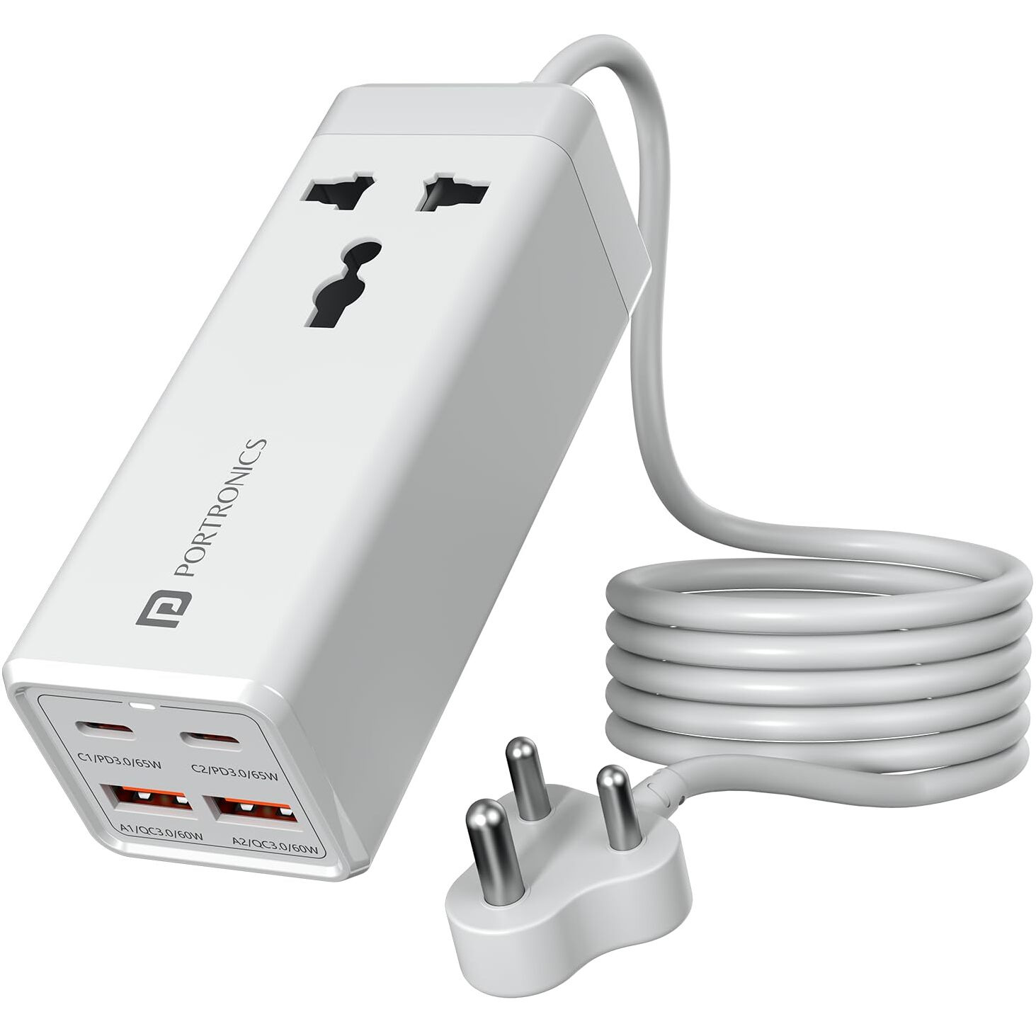 Portronics Adapto Volt 65 65W High Speed 5-in-1 Power Strip with 2 Type C PD Ports, 2 Mach USB Ports and 1 AC Power Socket, Compatible with Laptop,Smartphones, iPhones, Tablet, Power Bank(White)