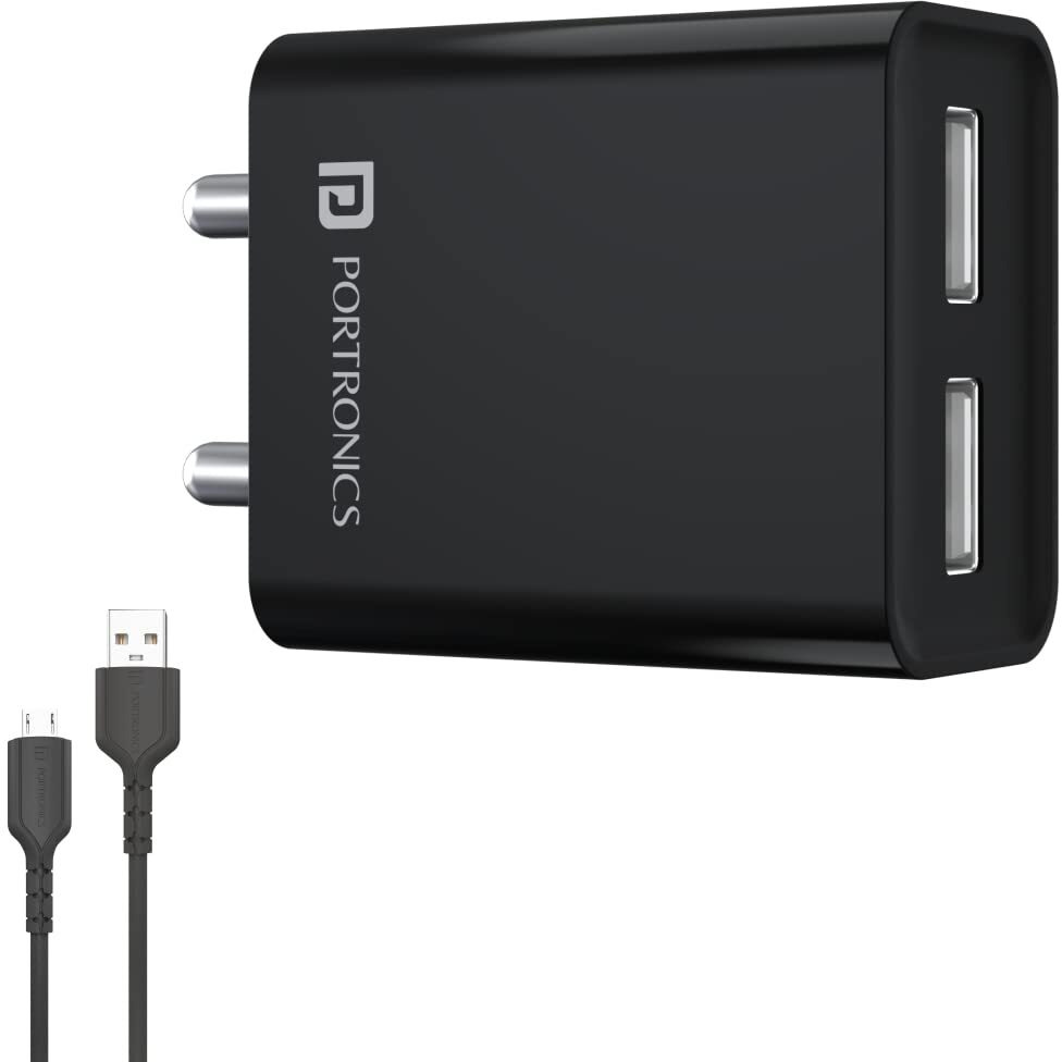 Portronics Adapto 66 2.4A 12w Dual USB Port 5V/2.4A Wall Charger,Comes with 1M Micro USB Cable, USB Wall Charger Adapter for Smartphone (Black)