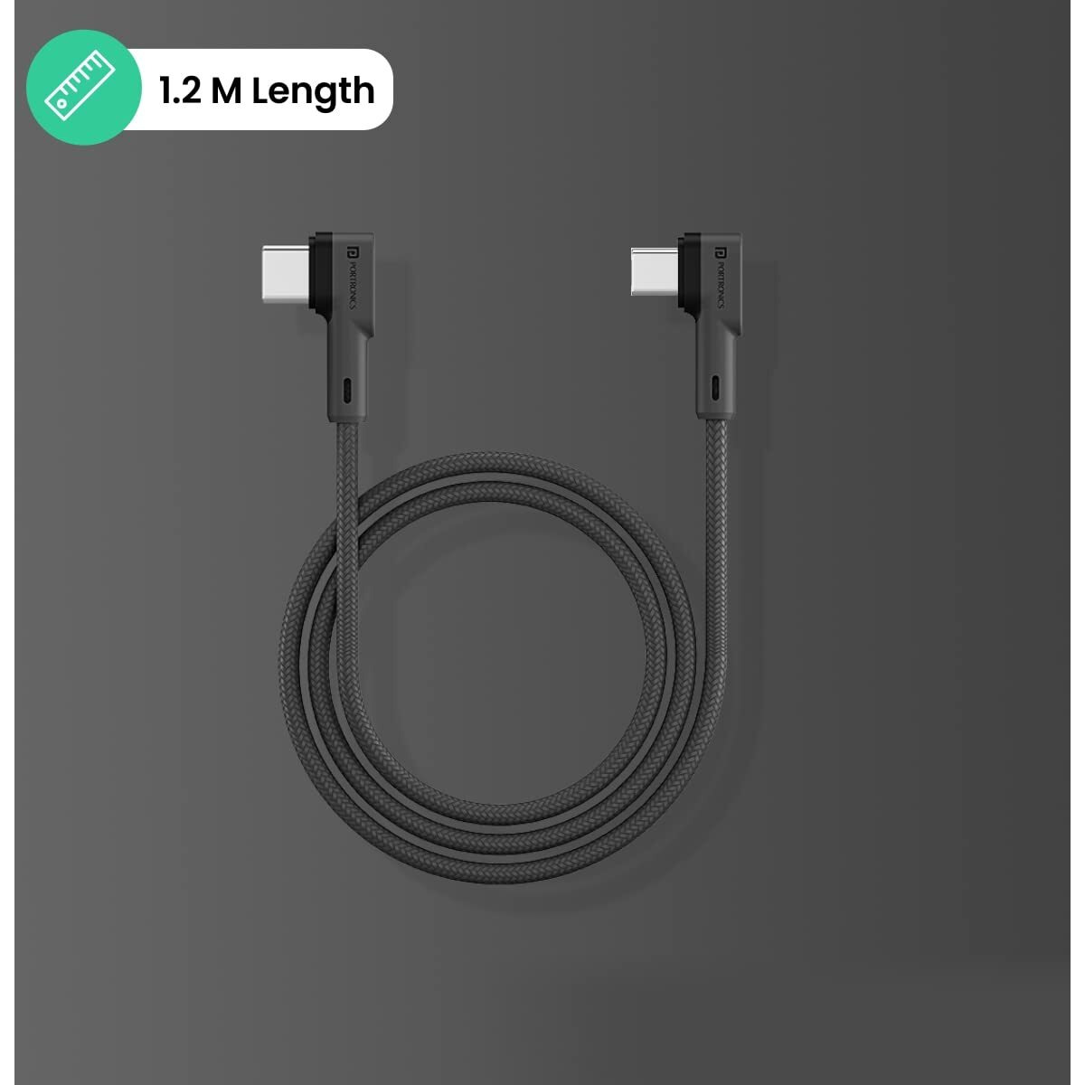 Portronics Konnect L 60W PD Type C to Type C Mobile Charging Cable, 1.2M, Fast Data Sync, Tangle Resistant, TPE+Nylon Braided(Grey)