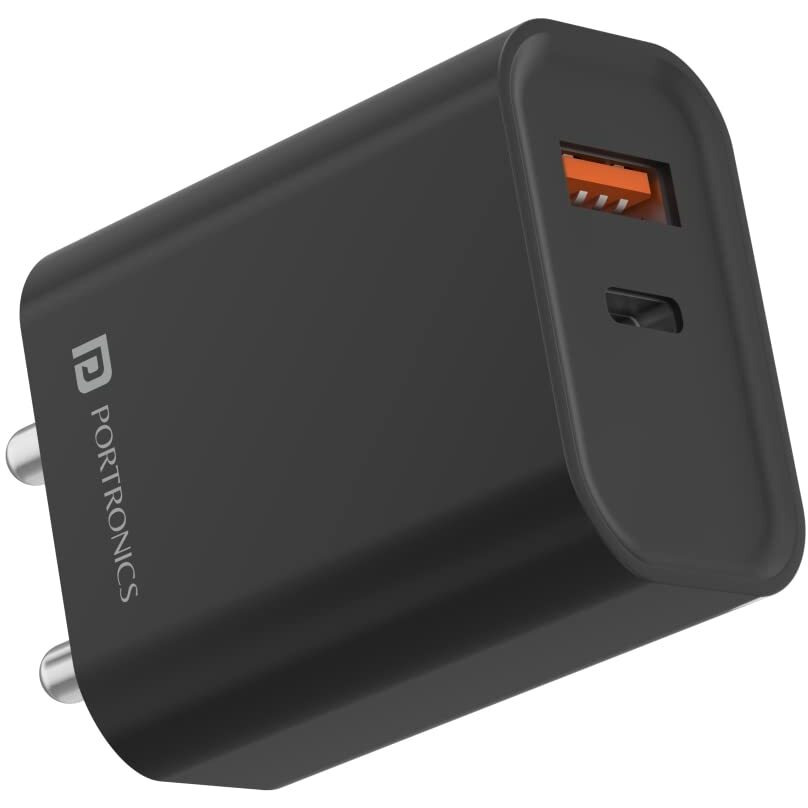 Portronics Adapto 45 20W Mobile Charger Adapter with Dual Port (USB A + PD Type C), Fast Charging, Short Circuit Protection, Wide Compatibility(Black)