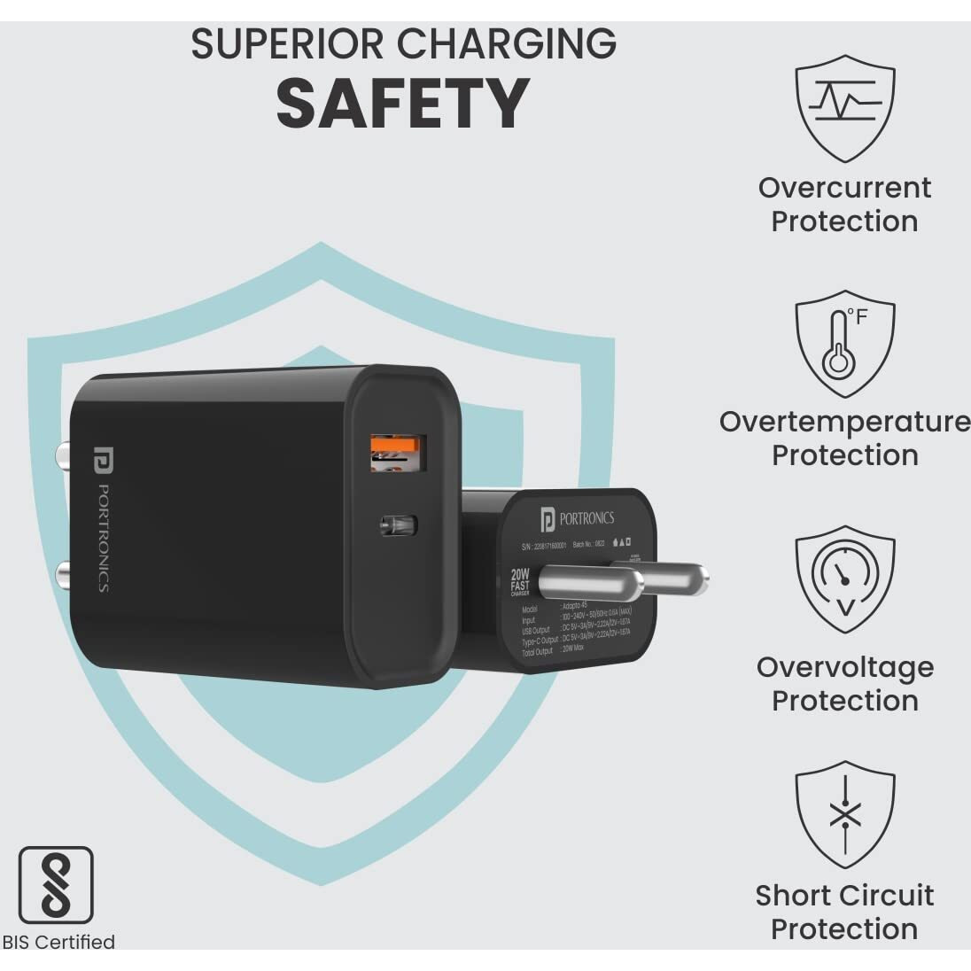 Portronics Adapto 45 20W Mobile Charger Adapter with Dual Port (USB A + PD Type C), Fast Charging, Short Circuit Protection, Wide Compatibility(Black)
