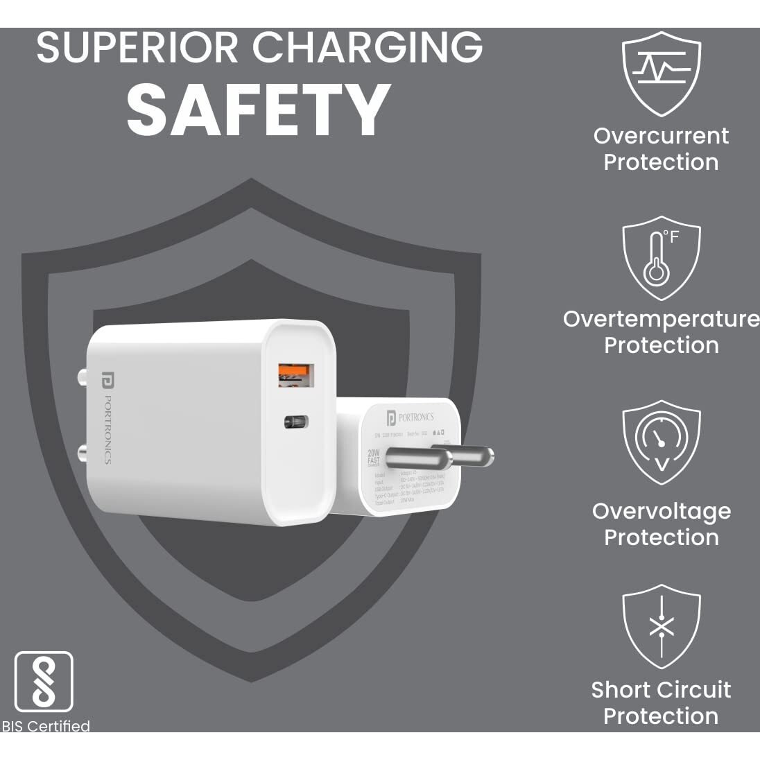 Portronics Adapto 45 22.5W Max Output USB & Type-C Dual Output Super Fast Charger,Wall Adapter Power Delivery 3.0& USB A Fast Charge Adaptor for iPhone,Android & Other Type C Enabled Devices(White)