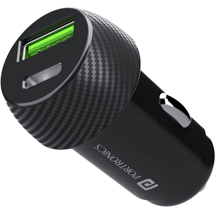 Portronics 20W Car Power 7 Car Charger with Dual Output (Type-C PD + USB), Fast Charging, Adapter Compatible for Most Cars & Cellular Phones (Black)