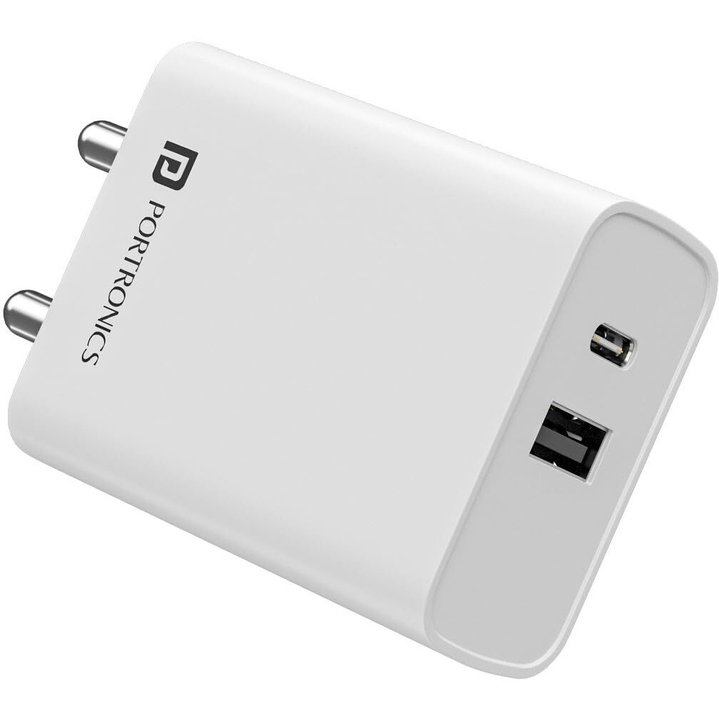 Portronics Adapto 70 33W Fast Charger Adapter with Dual Output (USB + Type C) Supports PPS Charging Via Type C Port, 27W Dash, Warp 27W, Dart, Super Dart 27W(White)