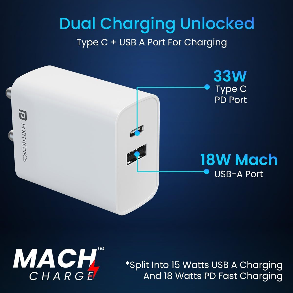Portronics Adapto 70 33W Fast Charger Adapter with Dual Output (USB + Type C) Supports PPS Charging Via Type C Port, 27W Dash, Warp 27W, Dart, Super Dart 27W(White)