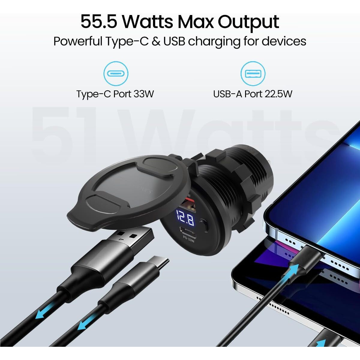 Portronics Spark 51W Multi-Vehicle Phone Charger, 33W Type-C Power Delivery, 18W USB Fast Charging, Type-C & USB Dual Output, for Motorcycles & Scooters