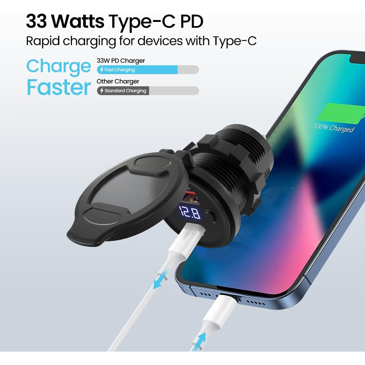 Portronics Spark 51W Multi-Vehicle Phone Charger, 33W Type-C Power Delivery, 18W USB Fast Charging, Type-C & USB Dual Output, for Motorcycles & Scooters