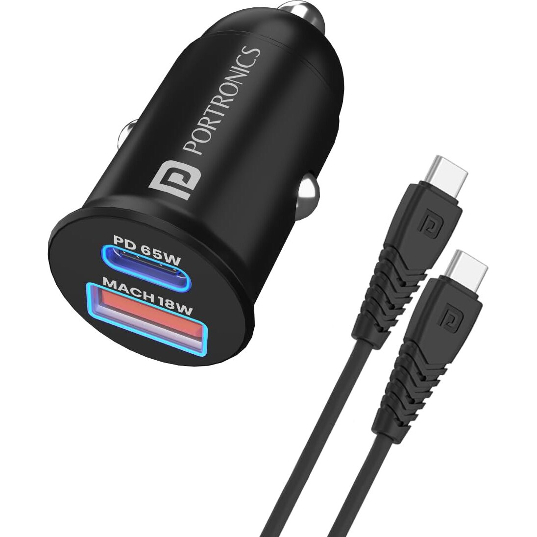 Portronics 65 Watts Car Power 65 Dual Output Fast Car Charger with 100W Type-C Cable (2m), 65W Type-C PD & 18W USB, Charging Adapter Compatible with Cars for iPhone & Android Smartphone, Laptop(Black)