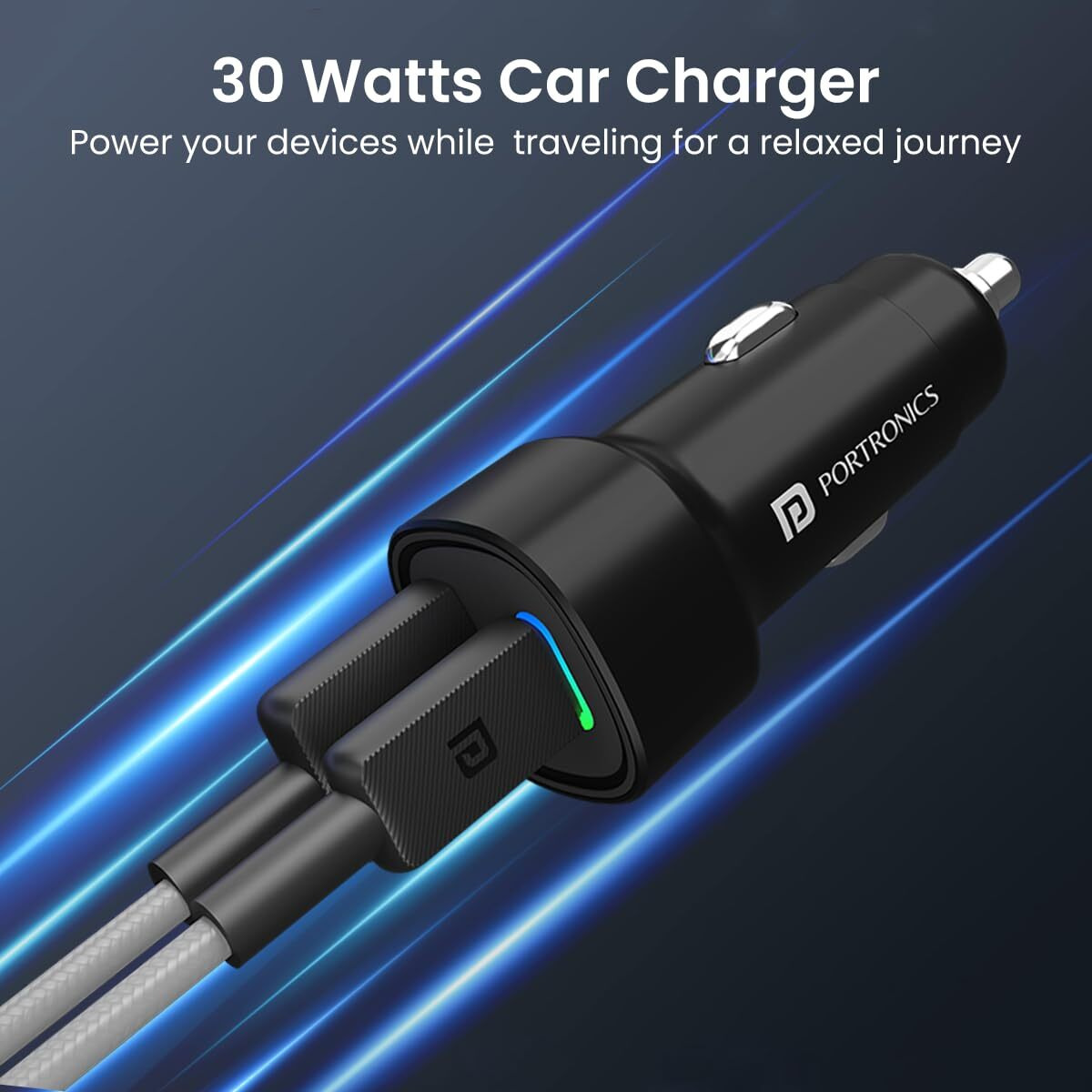 Portronics Dual Output Fast Car Charger with 30W Type-C PD & 30W USB, LED Indicator, Charging Adapter Compatible with Cars for iPhone & Android Smartphone, Smartwatch, Earbud, Power Bank (Black)