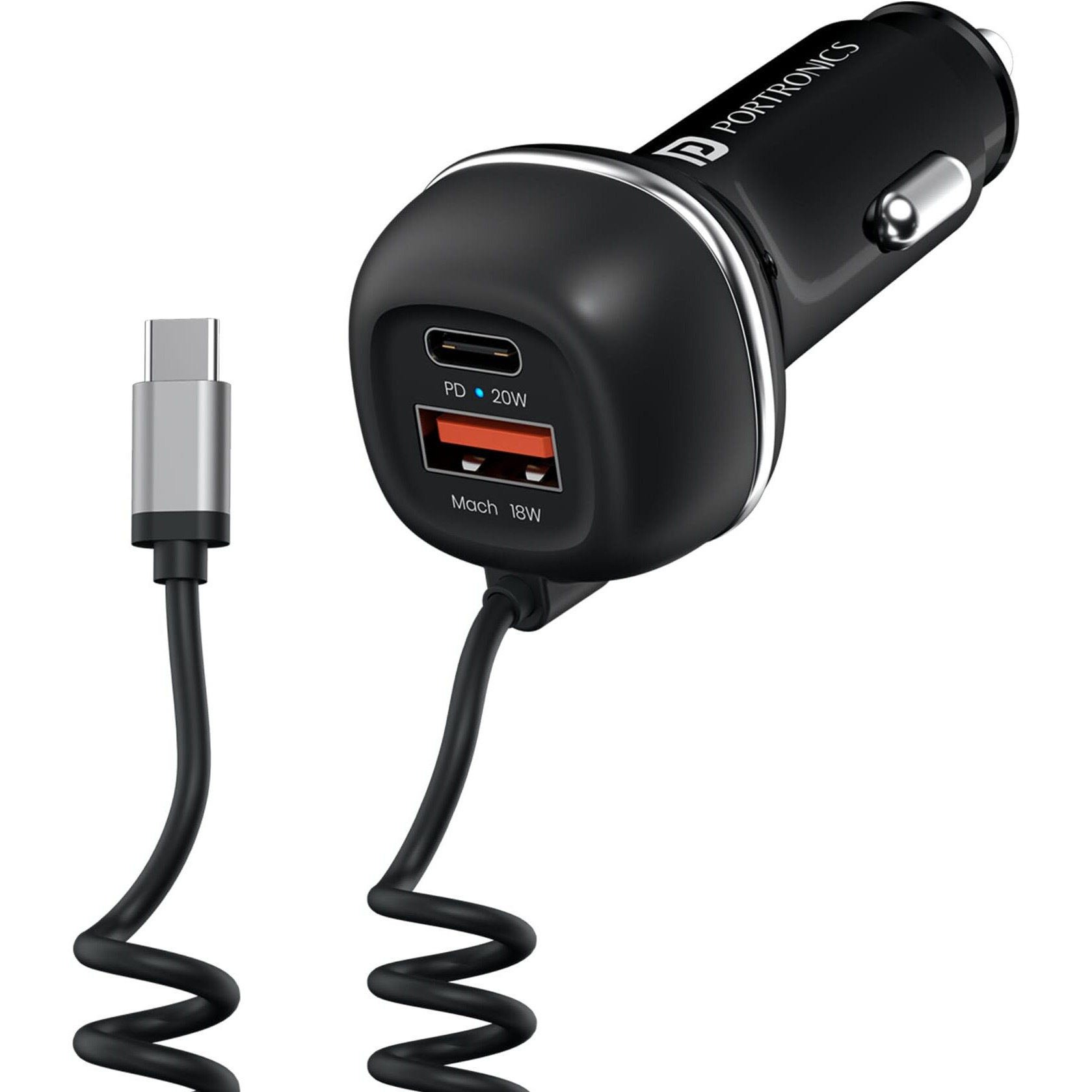Portronics 71W Car Power 1C Triple Output Fast Car Charger with 33W Type-C Cable, 20W Type-C PD, 18W USB Port, Fast Charging Adapter Compatible with Cars for iPhone & Android Smartphone (Black)