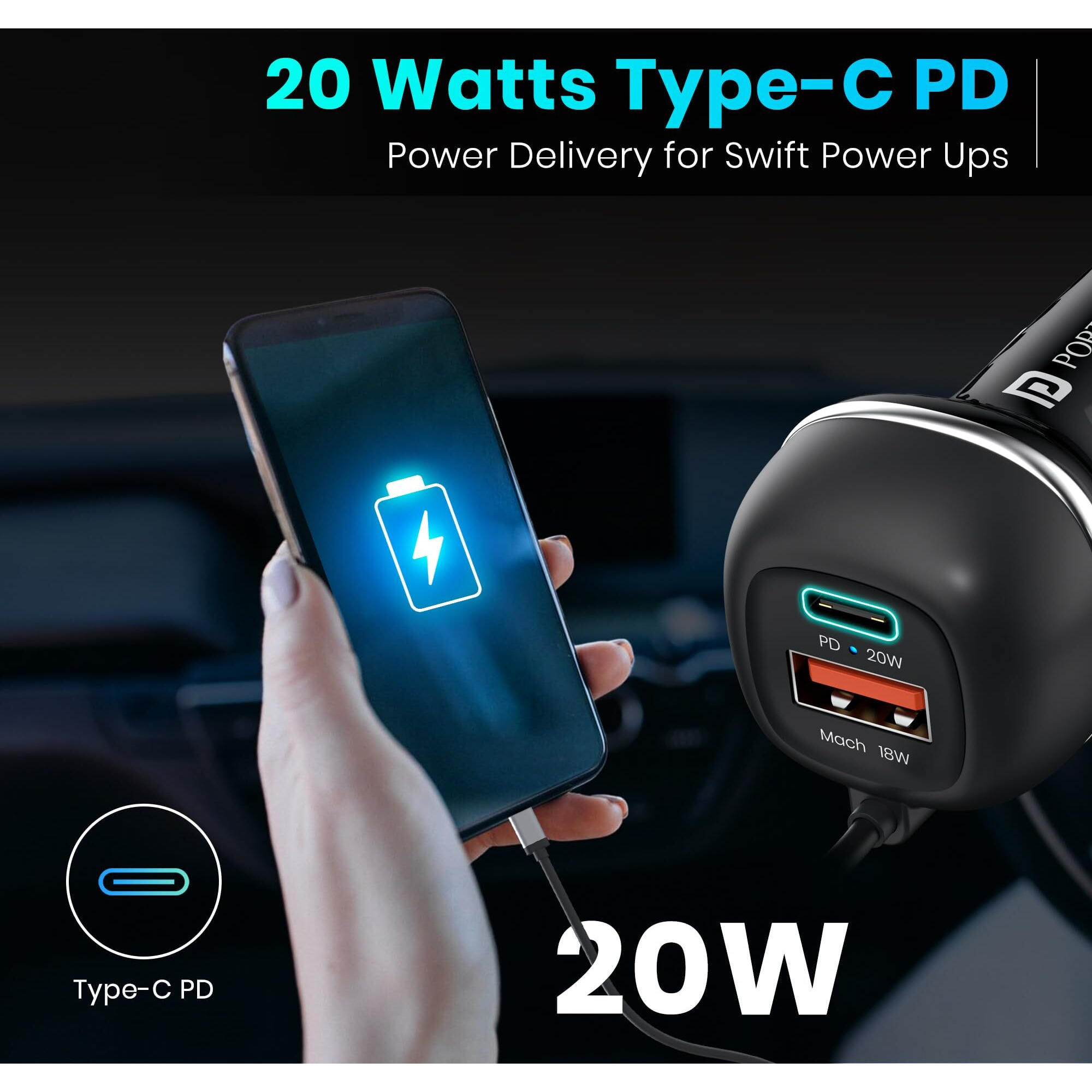 Portronics 71W Car Power 1C Triple Output Fast Car Charger with 33W Type-C Cable, 20W Type-C PD, 18W USB Port, Fast Charging Adapter Compatible with Cars for iPhone & Android Smartphone (Black)