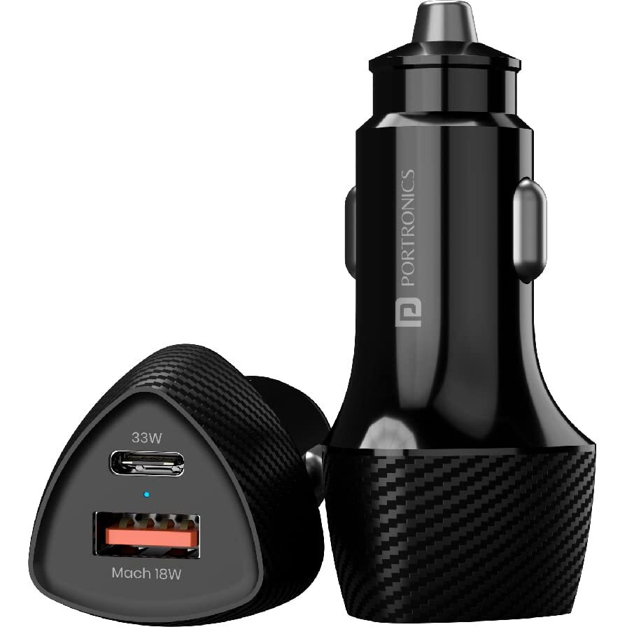 Portronics 51W Car Power 16 Fast Car Charger with Dual Output, 51 Watts Total (18W USB + 33W Type C PD), Fast Charging, Adapter for iPhone & Android Smartphones and Tablets (Black)