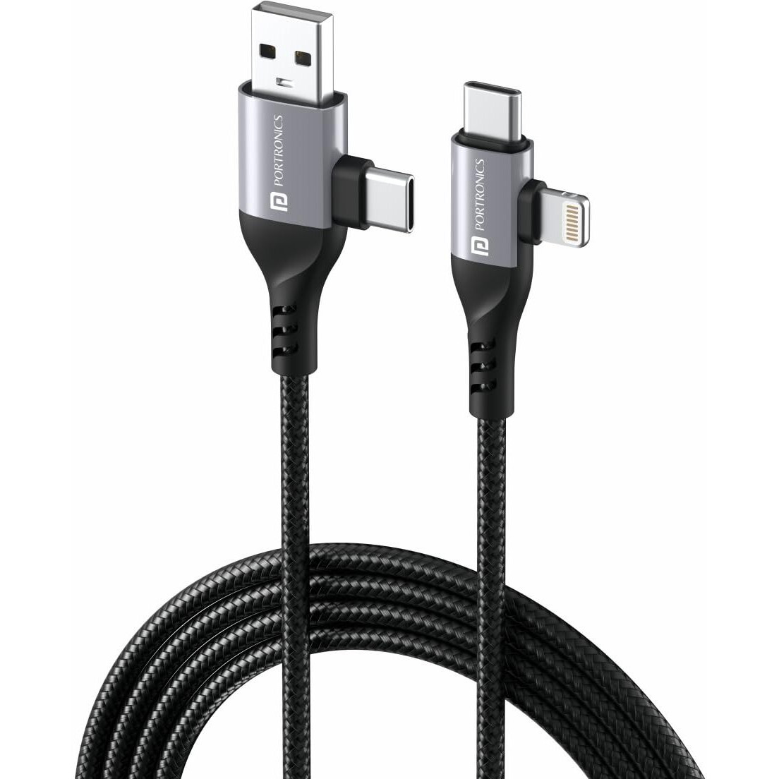 Portronics Konnect 4 IN 1 Unbreakable Nylon Braided Multi Functional Fast Charging Cable with Fast Data Transfer,Compatible with All Type C Android Smartphone & Lighting Device etc.(Black)