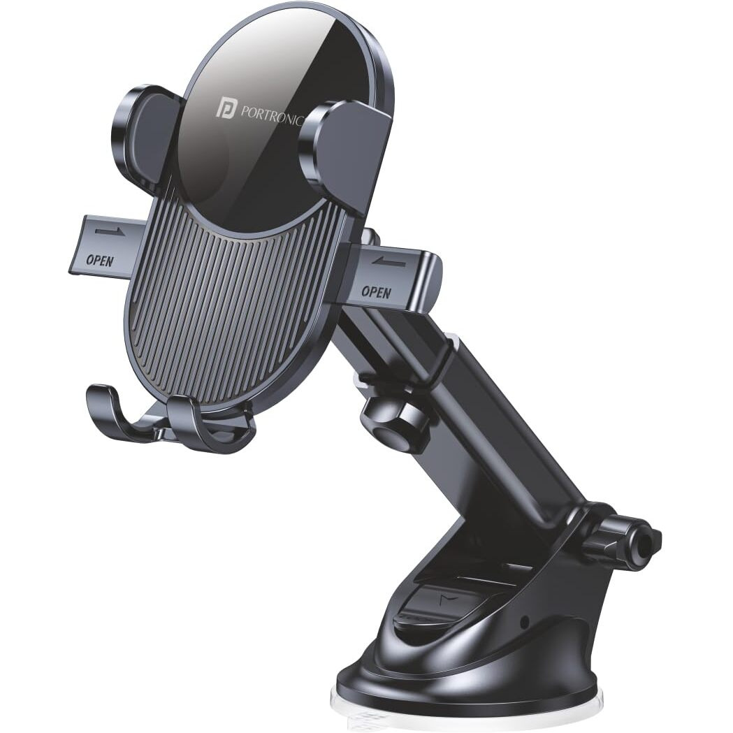 Portronics Clamp M3 Adjustable Car Mobile Phone Holder Stand for Dashboard & Windshield, 360 Rotational, Strong Suction Cup, Compatible with 4 to 6 inch Devices(Black)