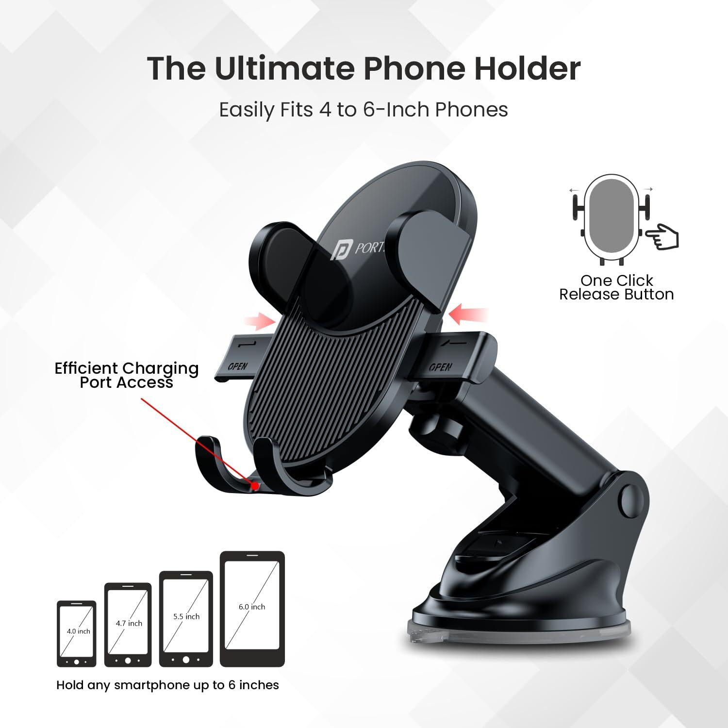 Portronics Clamp M3 Adjustable Car Mobile Phone Holder Stand for Dashboard & Windshield, 360 Rotational, Strong Suction Cup, Compatible with 4 to 6 inch Devices(Black)