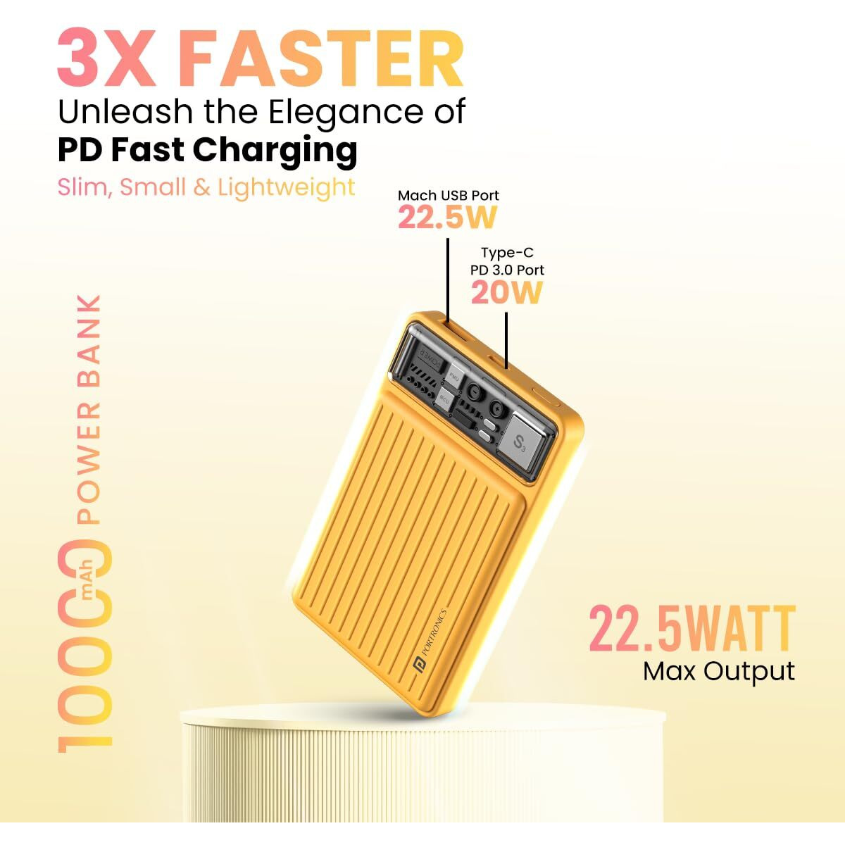 Portronics Luxcell Mini 10K Advanced 10000 mAh Nano Power Bank with 22.5W Max Output, LED Indicator, Mach USB-A Output, Type C PD Output, Type C Input, Wake Up Button(Yellow)